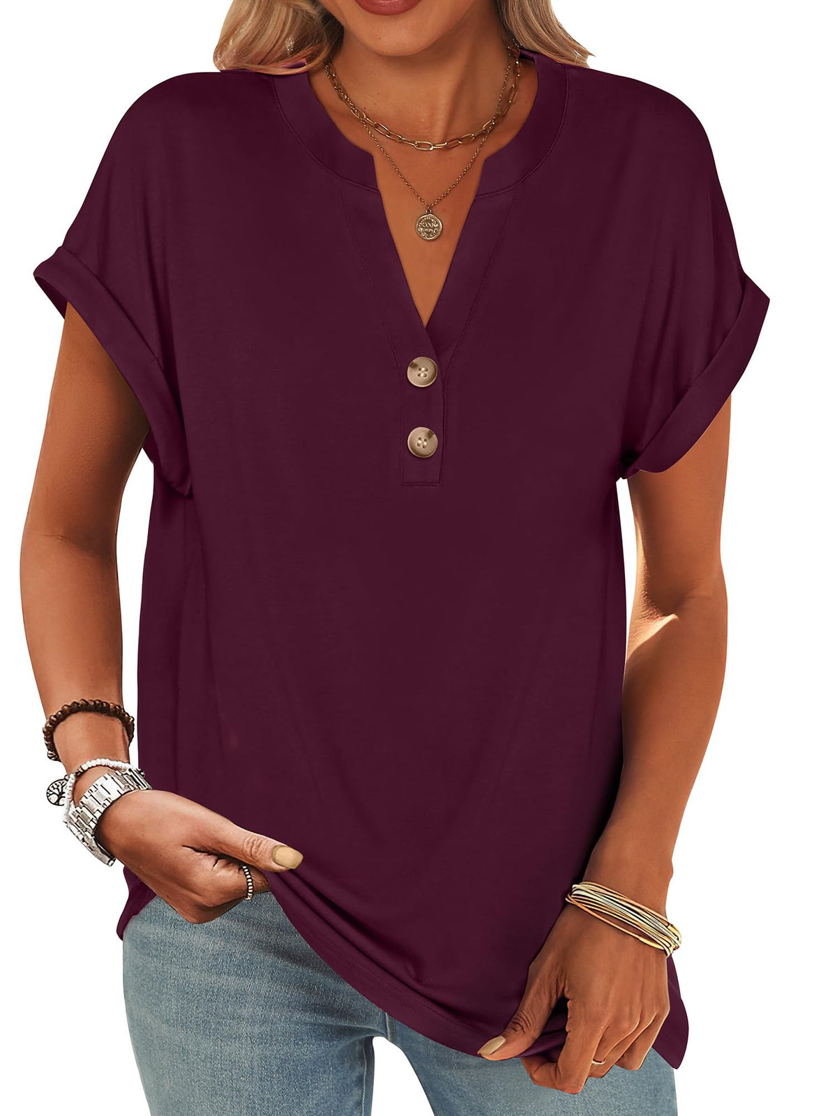 ANRABESS Womens Short Sleeve Henley Tops Summer Shirts Dressy Casual Blouse
