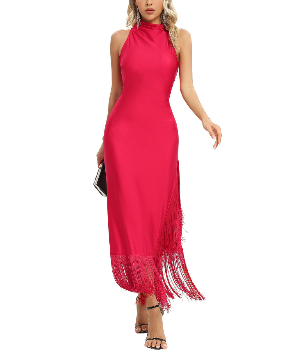 Women Gatsby Vintage Flapper Maxi Dress Halter Tassel Hem Gowns with Slit