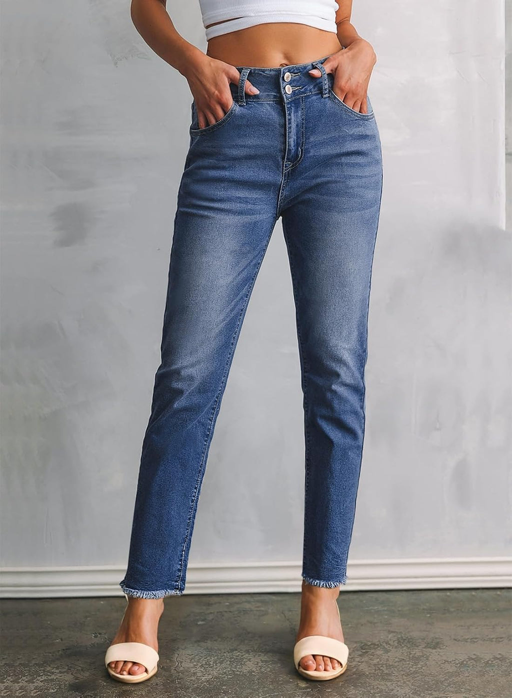 Sidefeel Women's High Waisted Raw Hem Straight Leg Jeans
