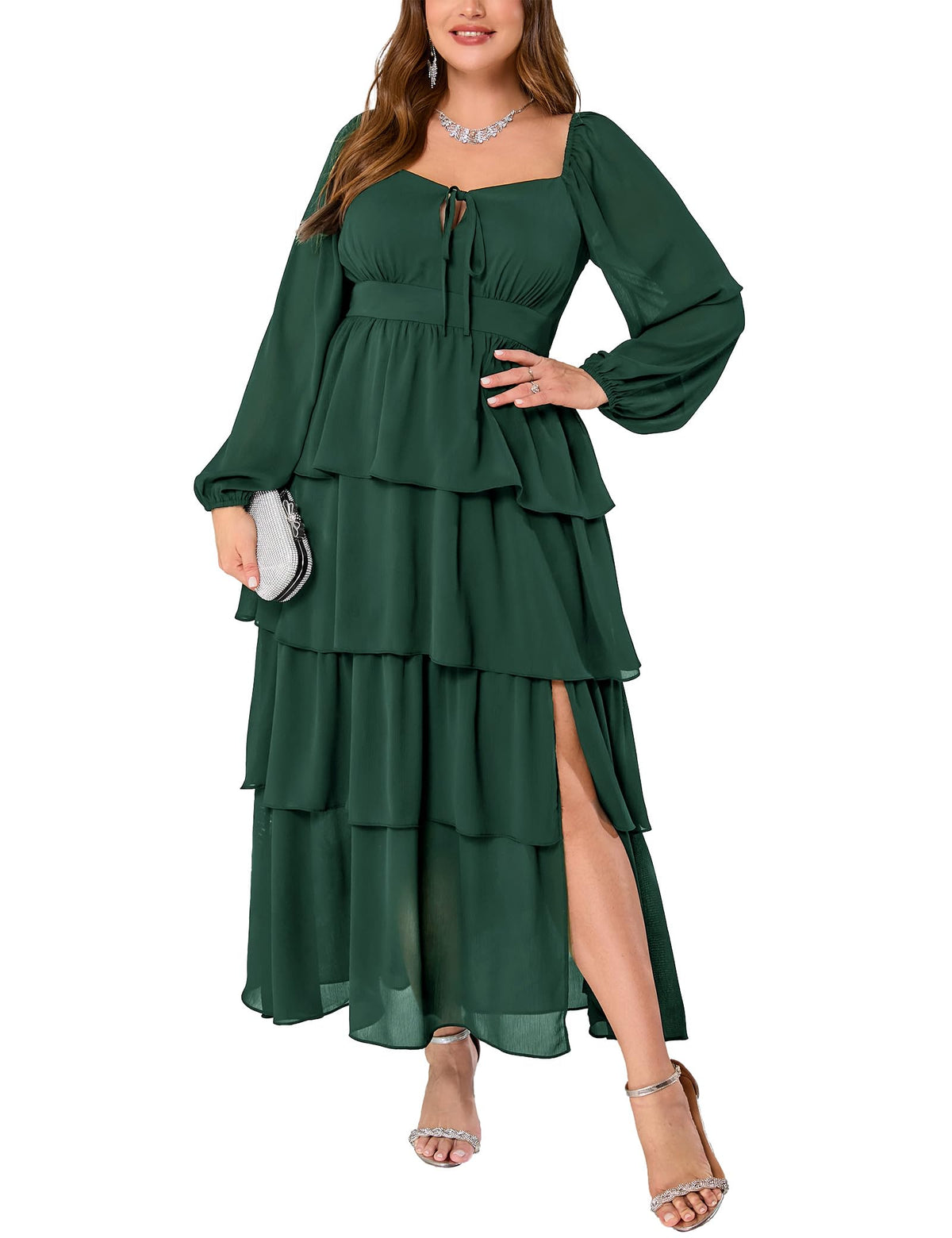 EYWOL Plus Size Long Sleeve Floral Tiered Semi Formal Wedding Guest Dress