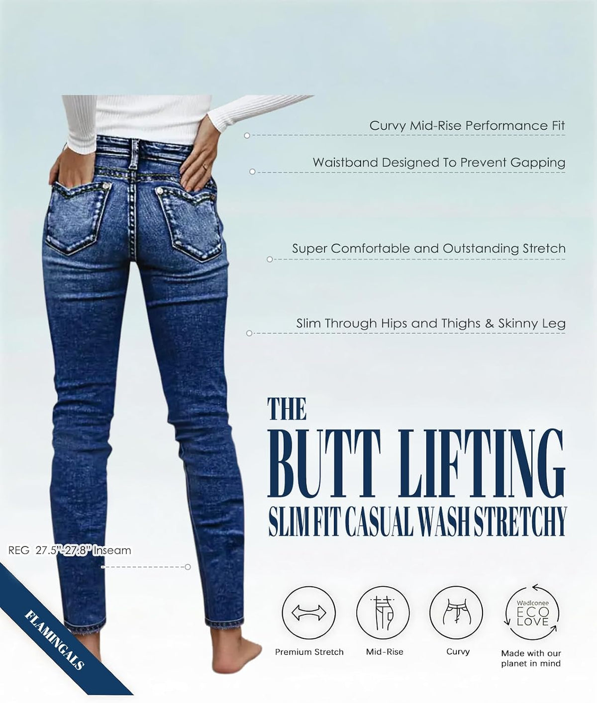 Flamingals Mid Waist Women's Skinny Jeans Butt Lifting Slim Fit Casual Wash Stretchy Skinny Leg Denim Pants with Pocket