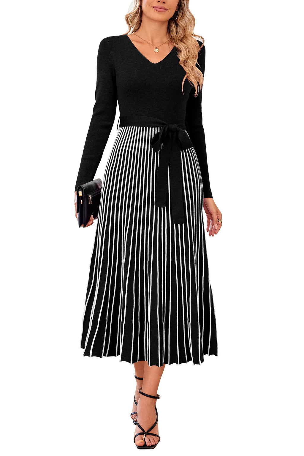 Arach&Cloz Women's Wool Blend Fall Long Sleeve Midi Sweater Dress