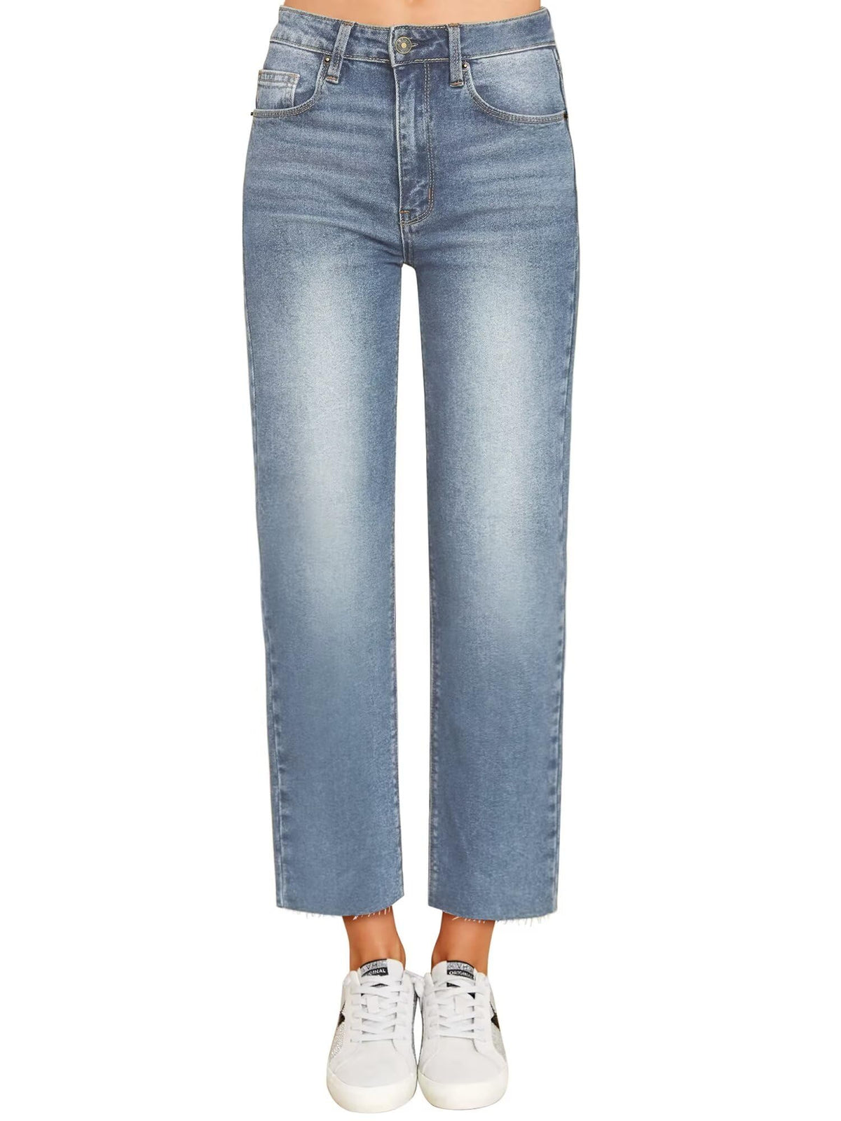 KDF Women's Cropped Straight Leg Jeans - High Waisted Jeans for Women 7/8 Length Denim Pants with Crop Hem