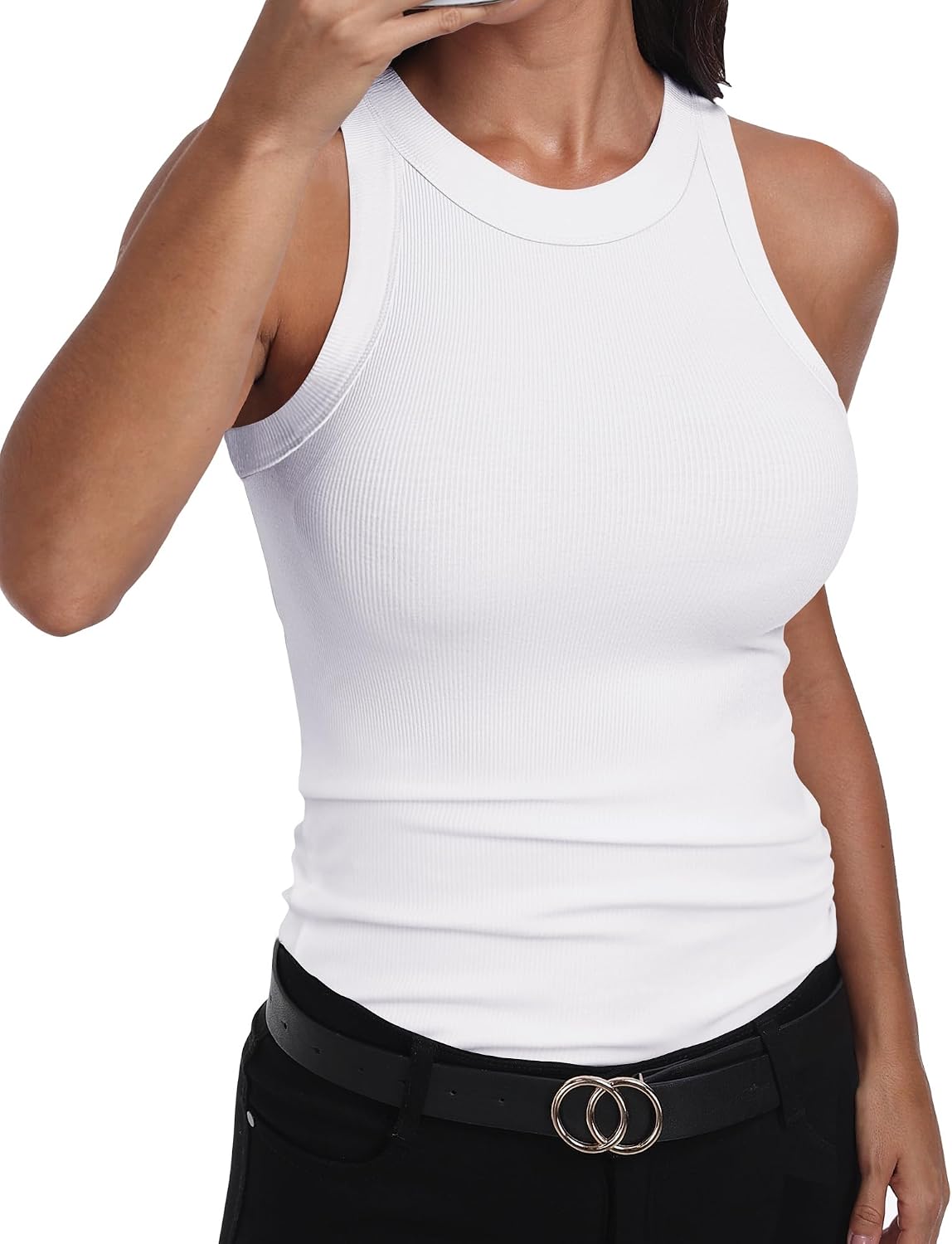 GEMBERA Womens Sleeveless Racerback High Neck Casual Basic Cotton Ribbed Fitted Tank Top