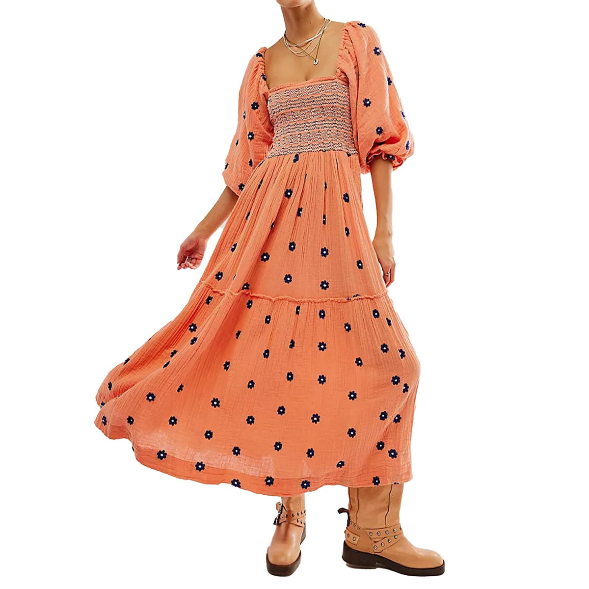 ABYOVRT Women Floral Embroidered Maxi Dress Long Puff Sleeve Square Neck Bohemian Flowy Dress with Pockets Summer Fall