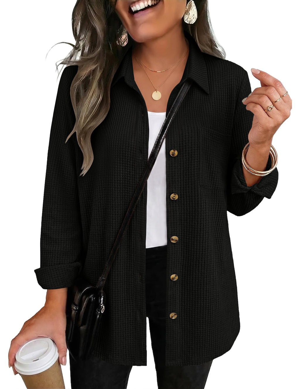 Zeagoo Womens Waffle Knit Shacket Button Down Long Sleeve Tops with Pocket