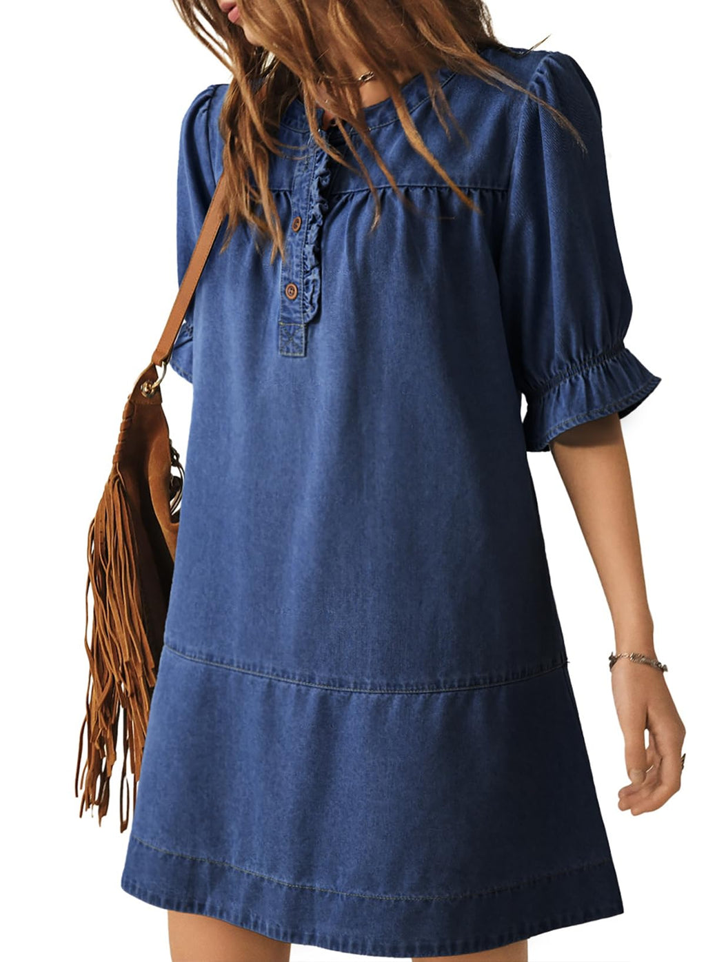 Dokotoo Women's Denim Dress Ruffle Short Sleeve Button Cowgirl Jean Dress