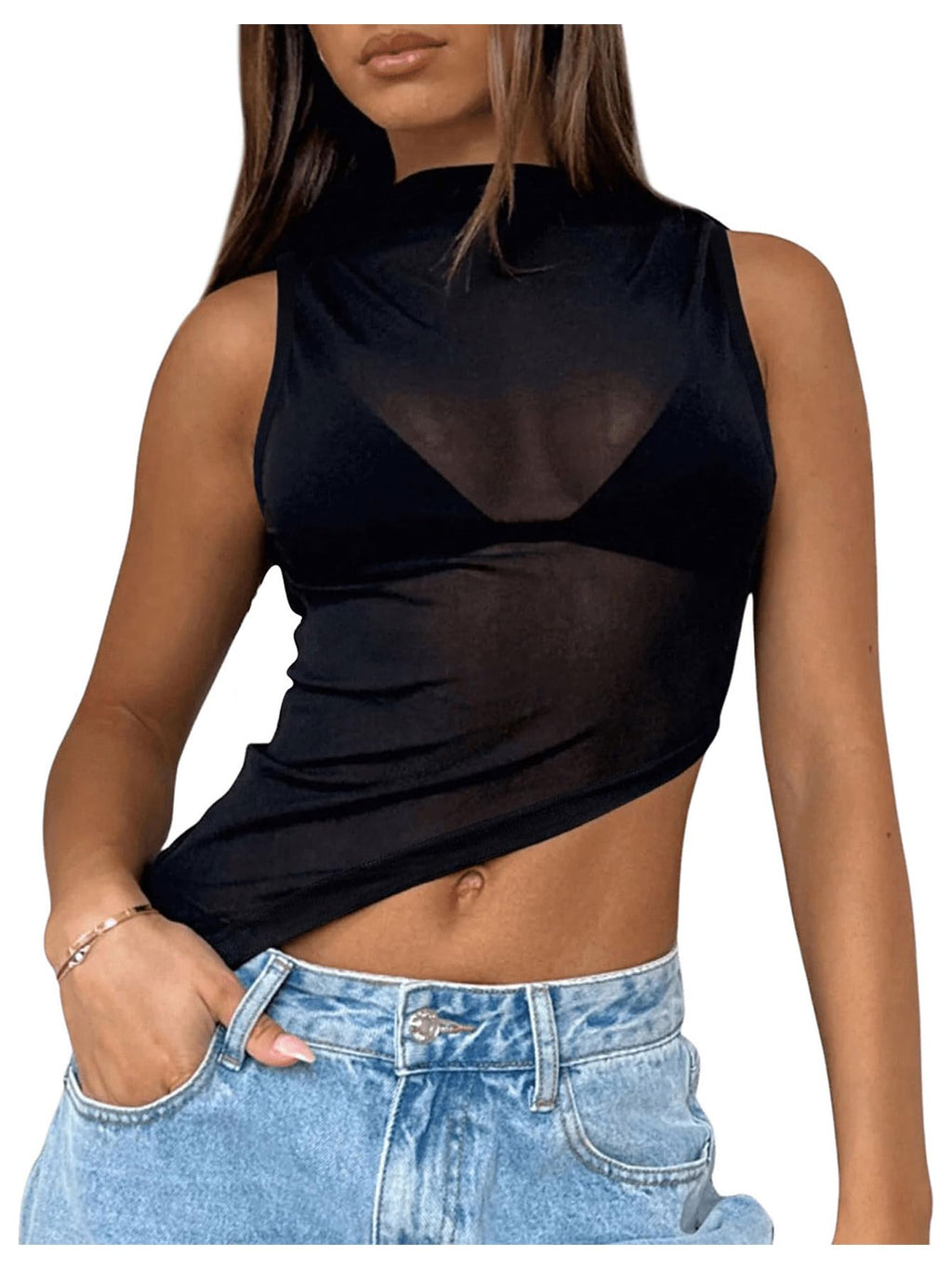 RoseSeek Women's Sheer Mesh Mock Neck Crop Tank Tops Summer Going Out Tops