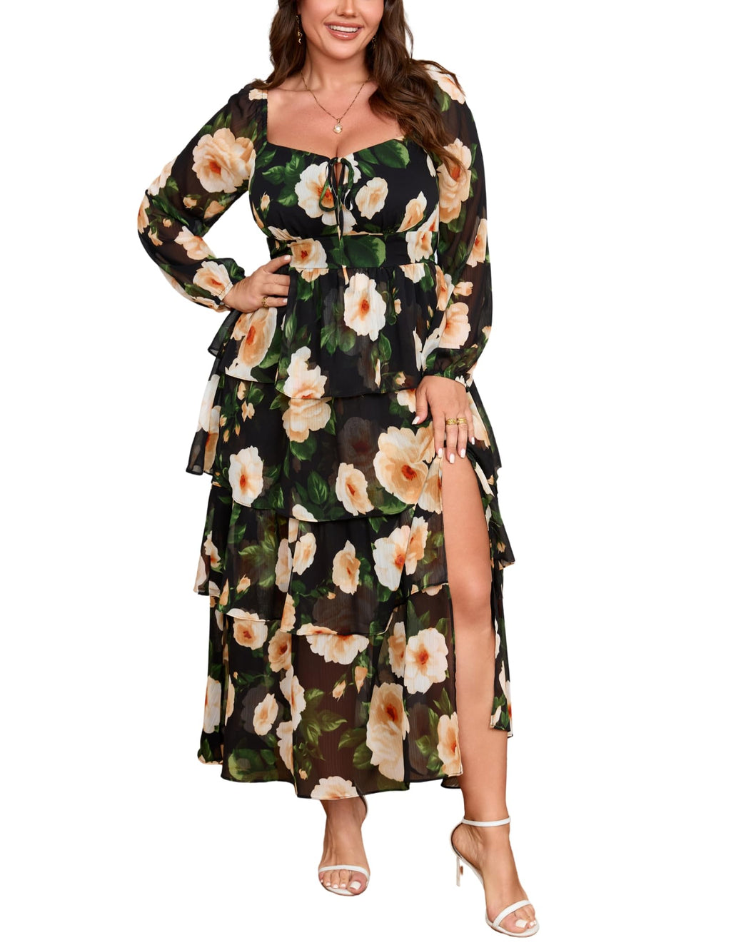 EYWOL Plus Size Long Sleeve Floral Tiered Semi Formal Wedding Guest Dress