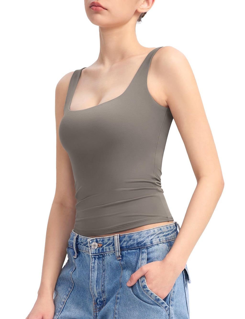 PUMIEY Women's Square Neck Tank Top Sleeveless Double Lined Basic Tops Sharp Collection