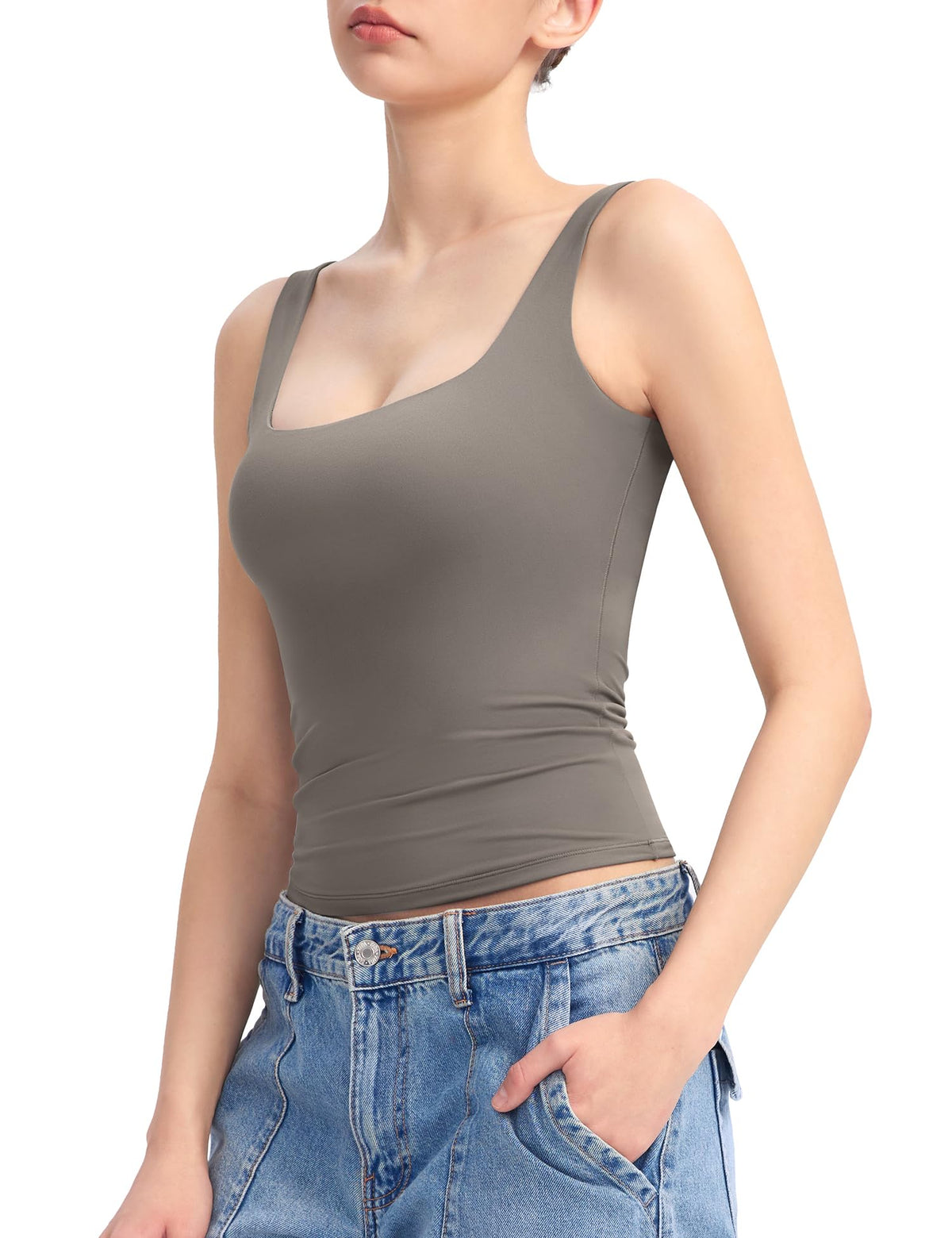 PUMIEY Women's Square Neck Tank Top Sleeveless Double Lined Basic Tops Sharp Collection