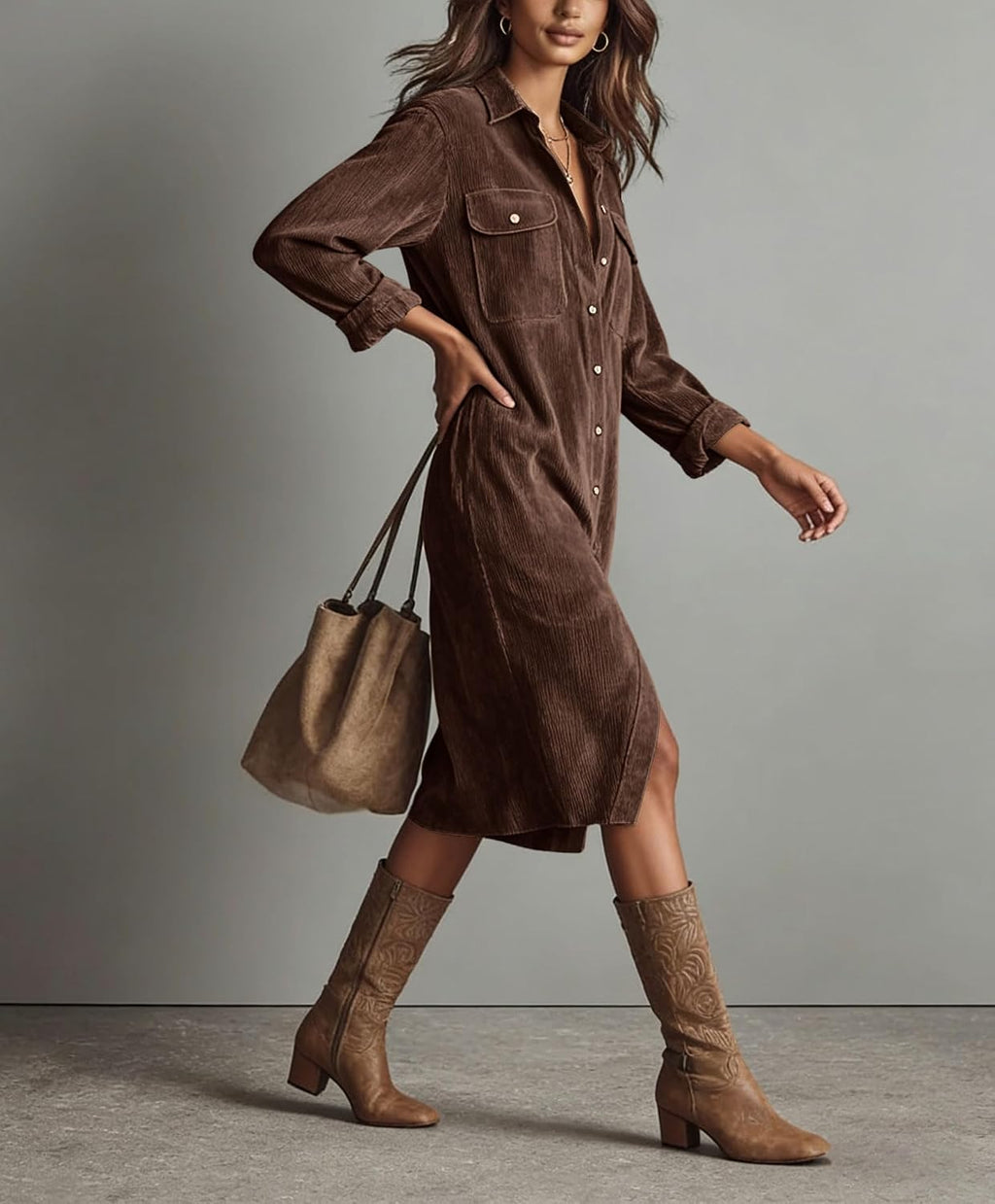 chouyatou Women's Fall Corduroy Button Down Shirt Dress Casual Lapel a Line Pleated Tunic Shift Midi Long Dress