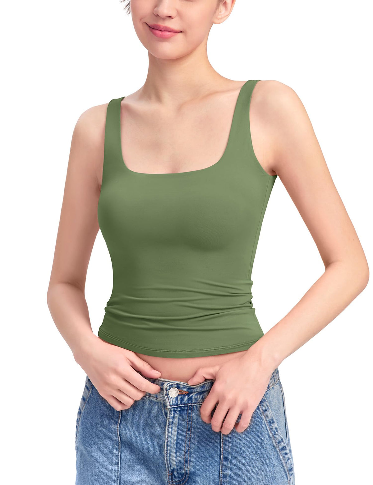 PUMIEY Women's Square Neck Tank Top Sleeveless Double Lined Basic Tops Sharp Collection