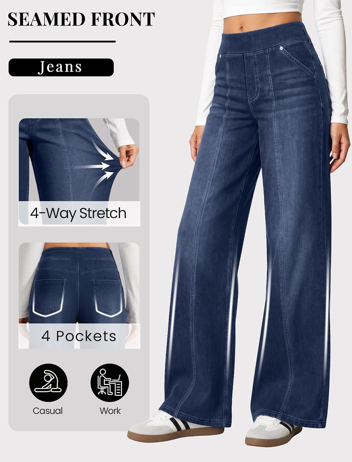 DLOODA Women's Stretchy Wide Leg Jeans High Waisted Pull on Sweatpant Jeans