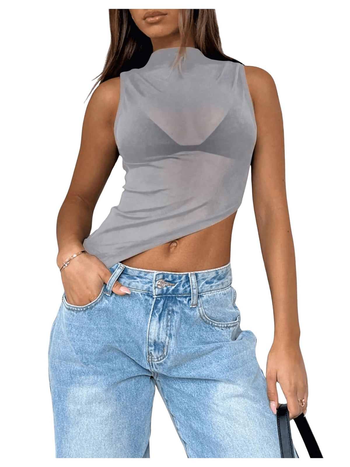 RoseSeek Women's Sheer Mesh Mock Neck Crop Tank Tops Summer Going Out Tops
