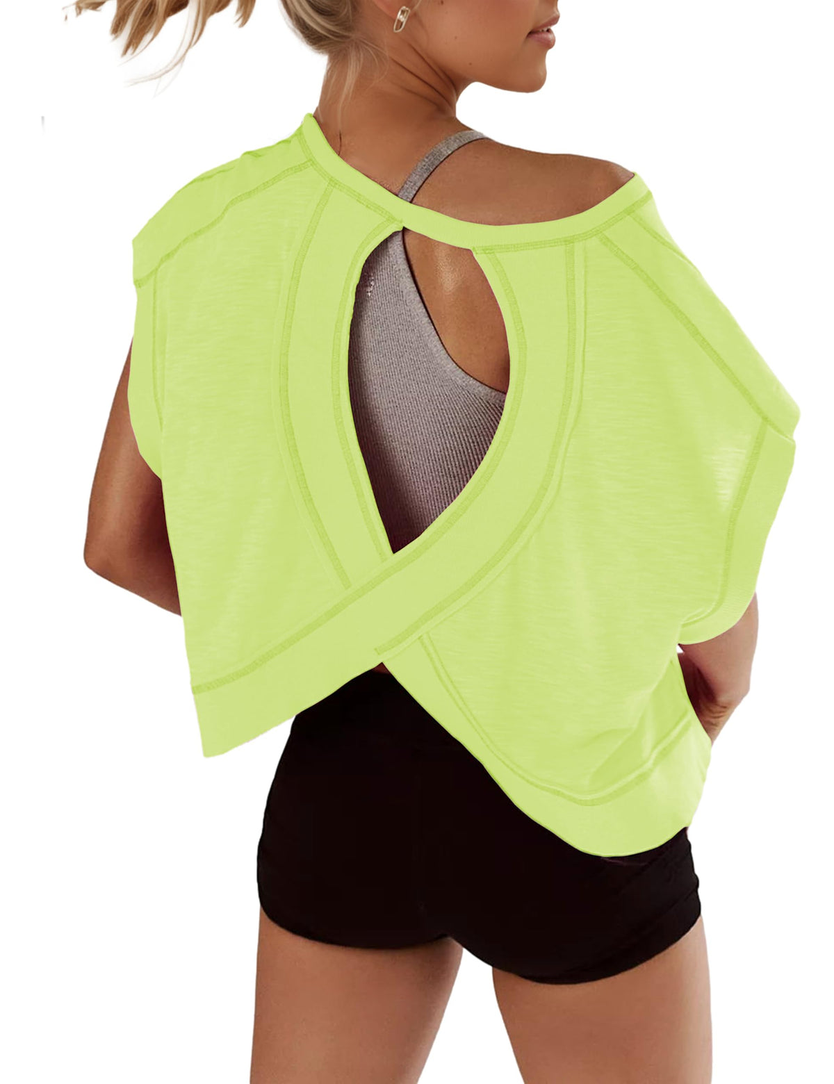 Open Back Tops for Women Oversized Short Sleeve Workout T Shirts Backless Y2k Athletic Crop Running Tees