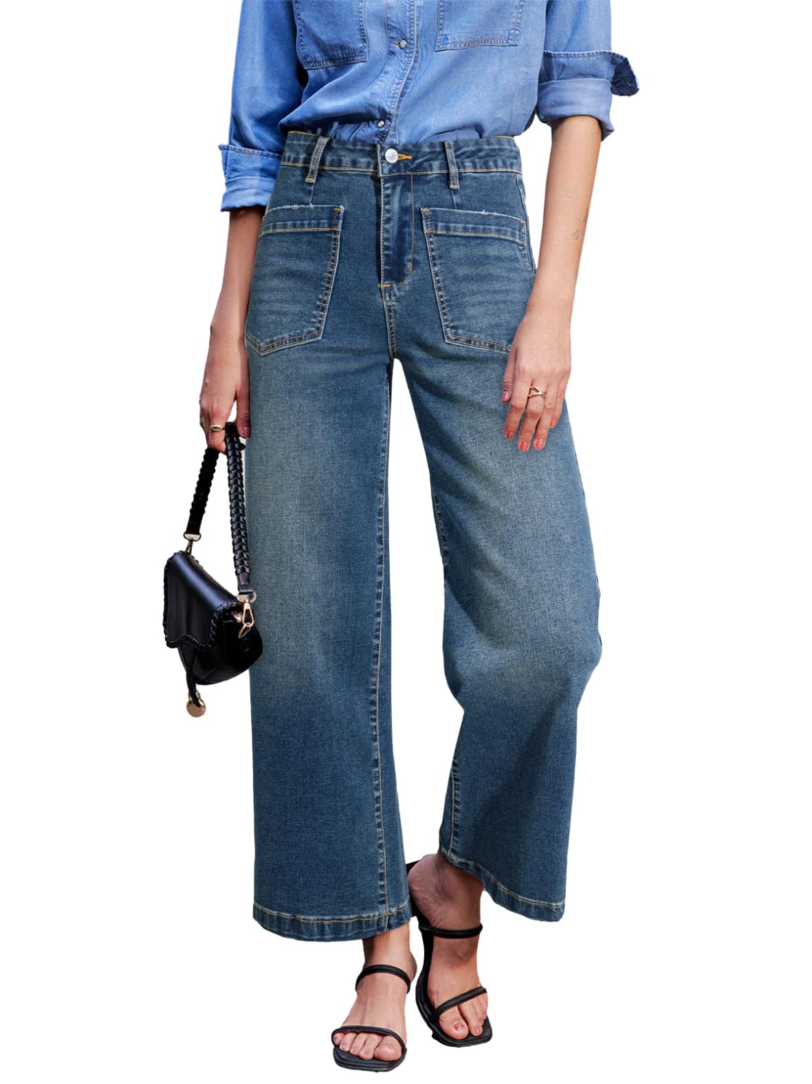 Sidefeel Wide Leg Jeans for Women High Waisted Stretchy Ankle Denim Pants