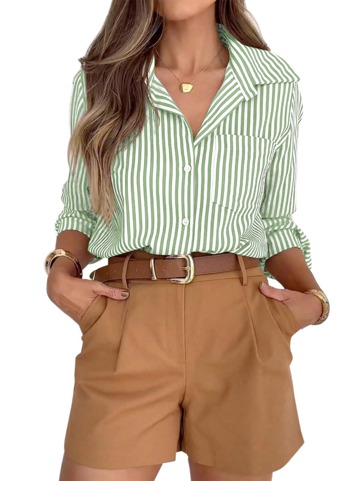 siliteelon Button Down Striped Shirts for Women Work Collared Dress Blouses