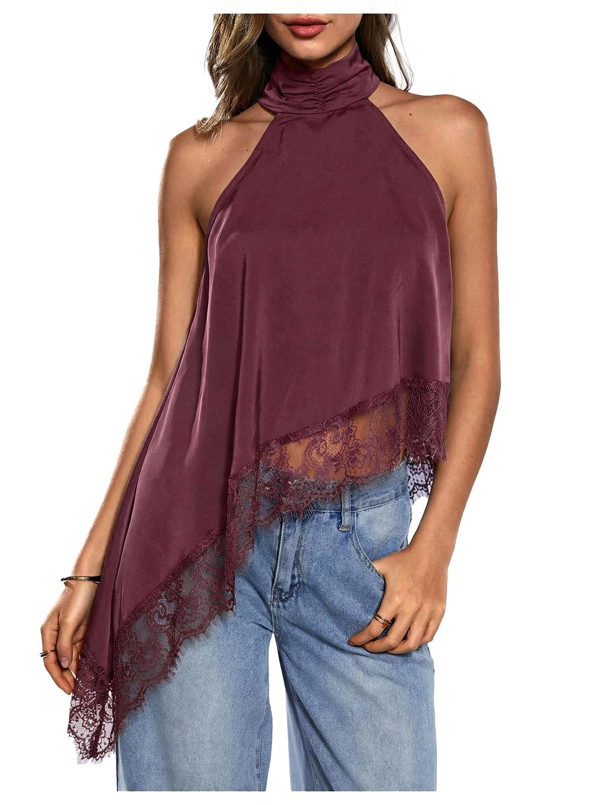 Milumia Women's Halter Neck Top Lace Asymmetrical Hem Going Out Tank Tops