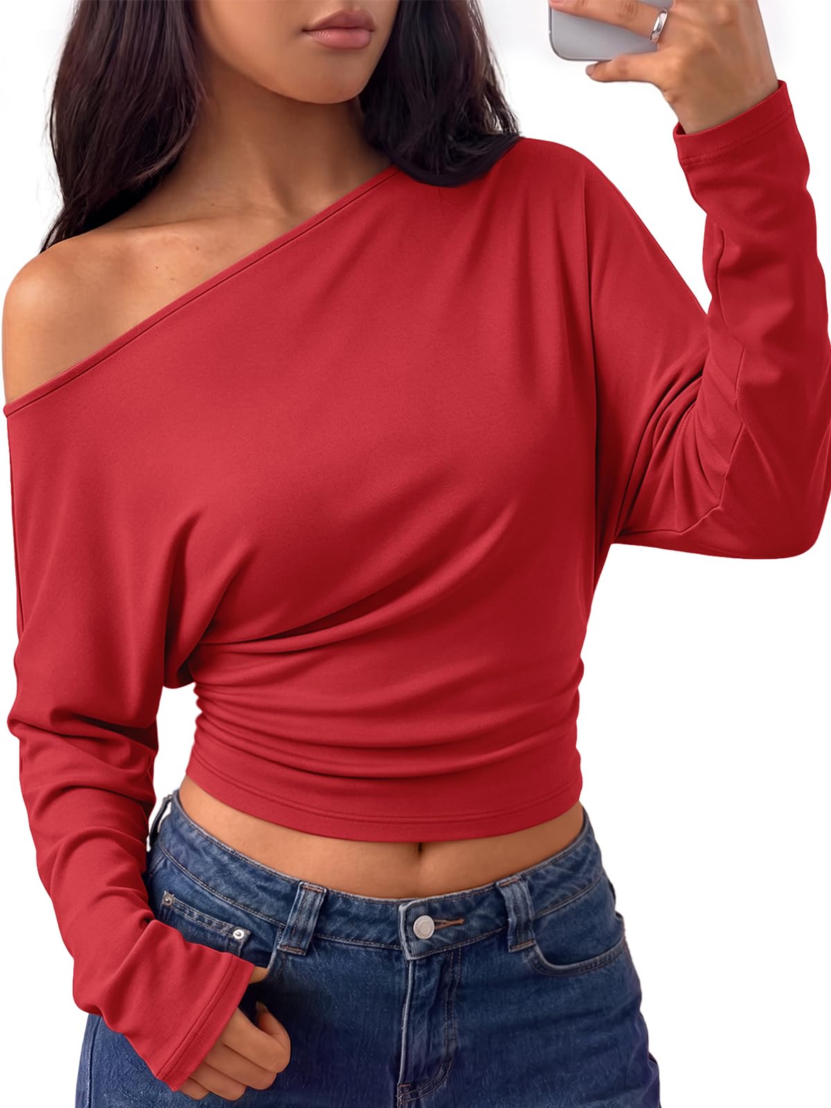 Trendy Queen Off the Shoulder Tops for Women Cinched Waist Shirts 2026 Fall