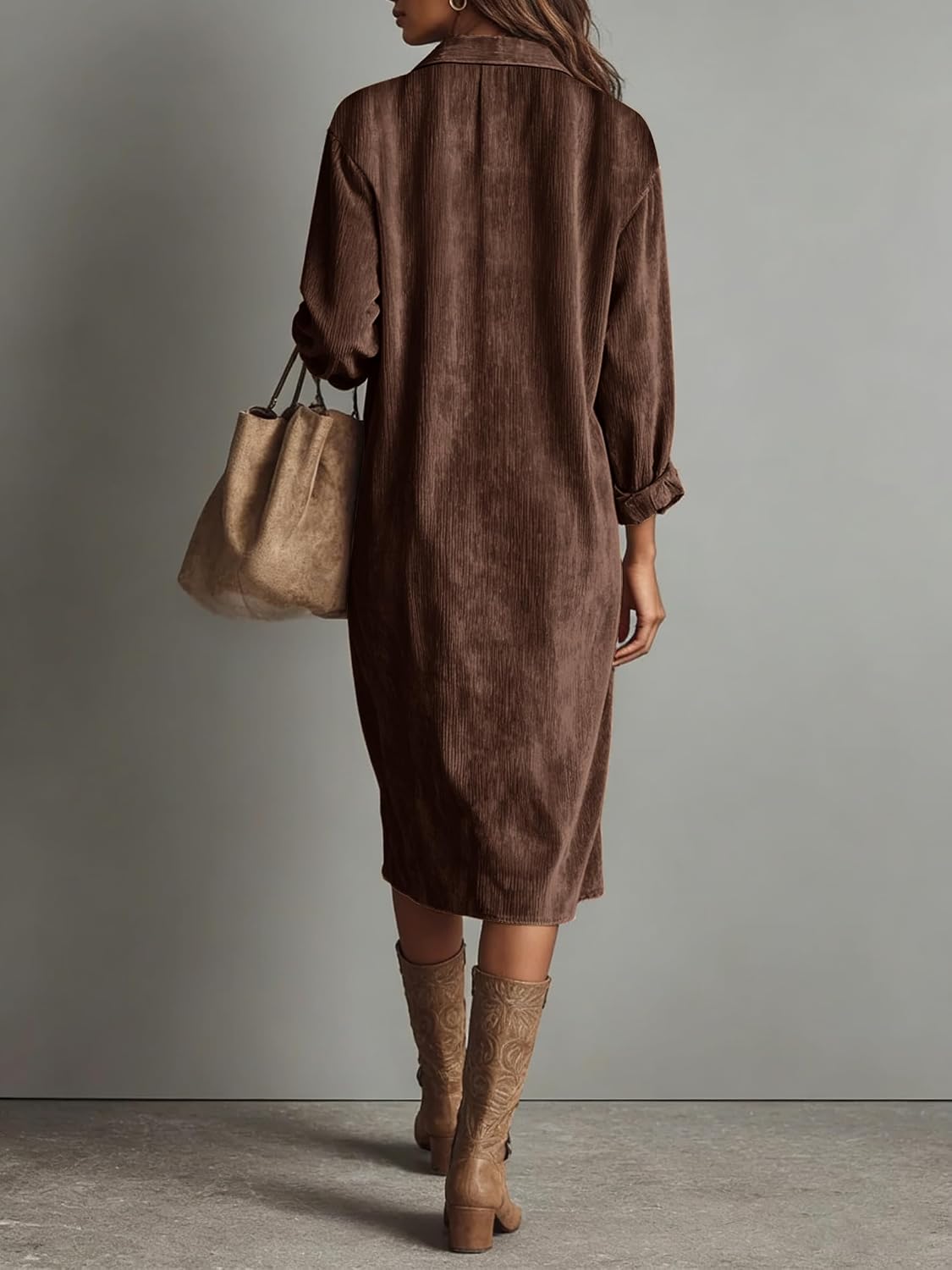 chouyatou Women's Fall Corduroy Button Down Shirt Dress Casual Lapel a Line Pleated Tunic Shift Midi Long Dress