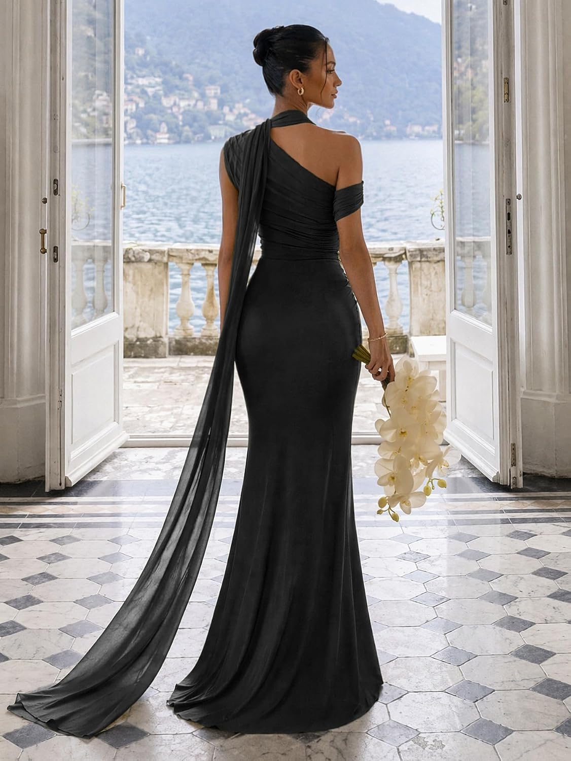 Isolde Women's One Shoulder Mesh Ribbon Ruched Formal Maxi Dress