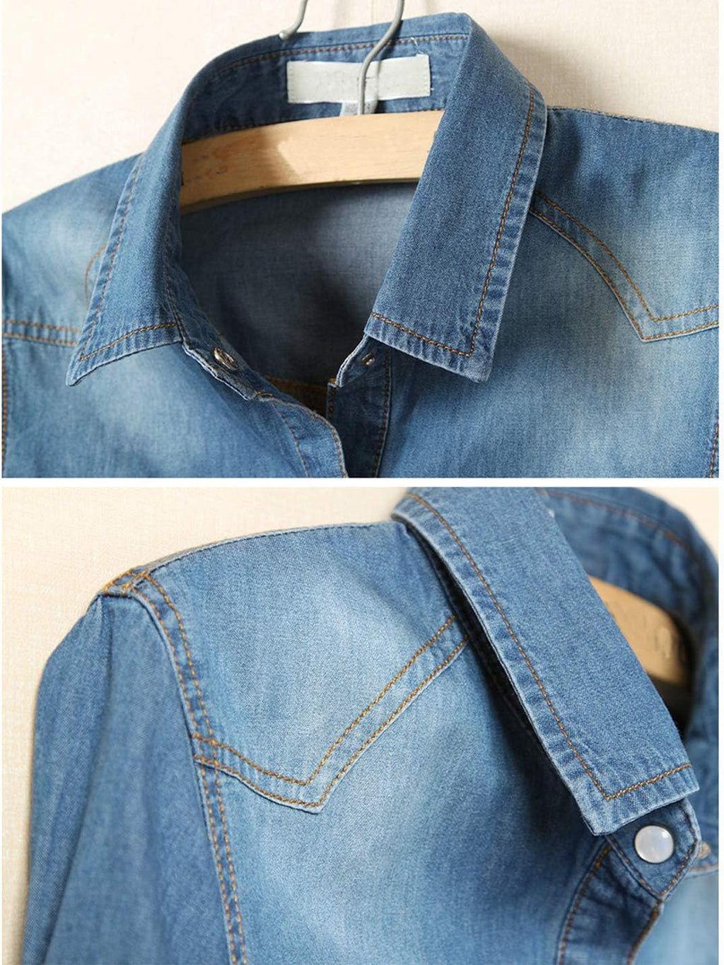 Women's Denim Shirt Roll Up 3/4 Sleeve Tie Front Knot Chambray Crop Top