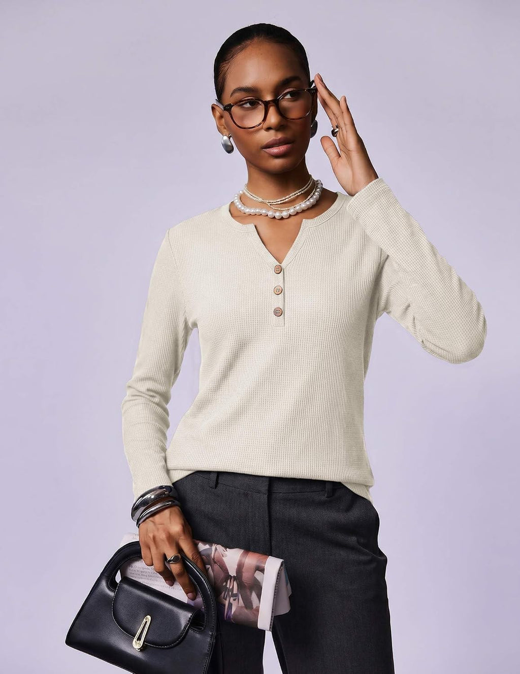 Zeagoo Women's Long Sleeve Waffle Knit Tops 2026 Fall Henley V Neck Shirts