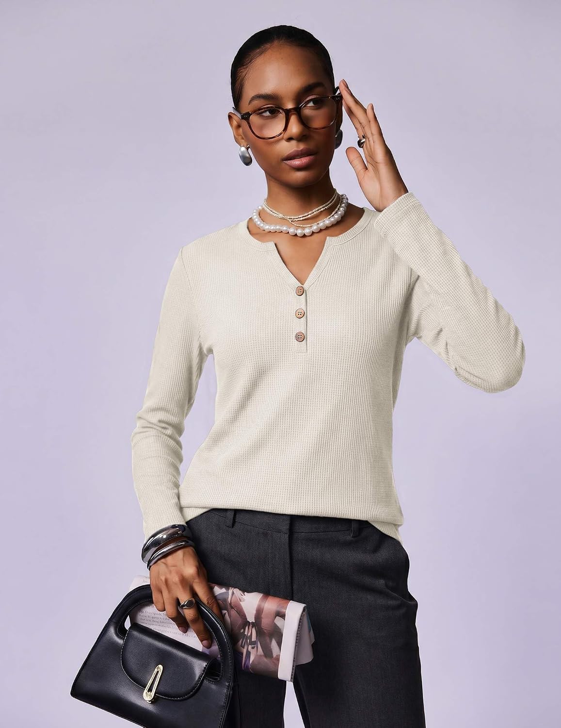 Zeagoo Women's Long Sleeve Waffle Knit Tops 2026 Fall Henley V Neck Shirts