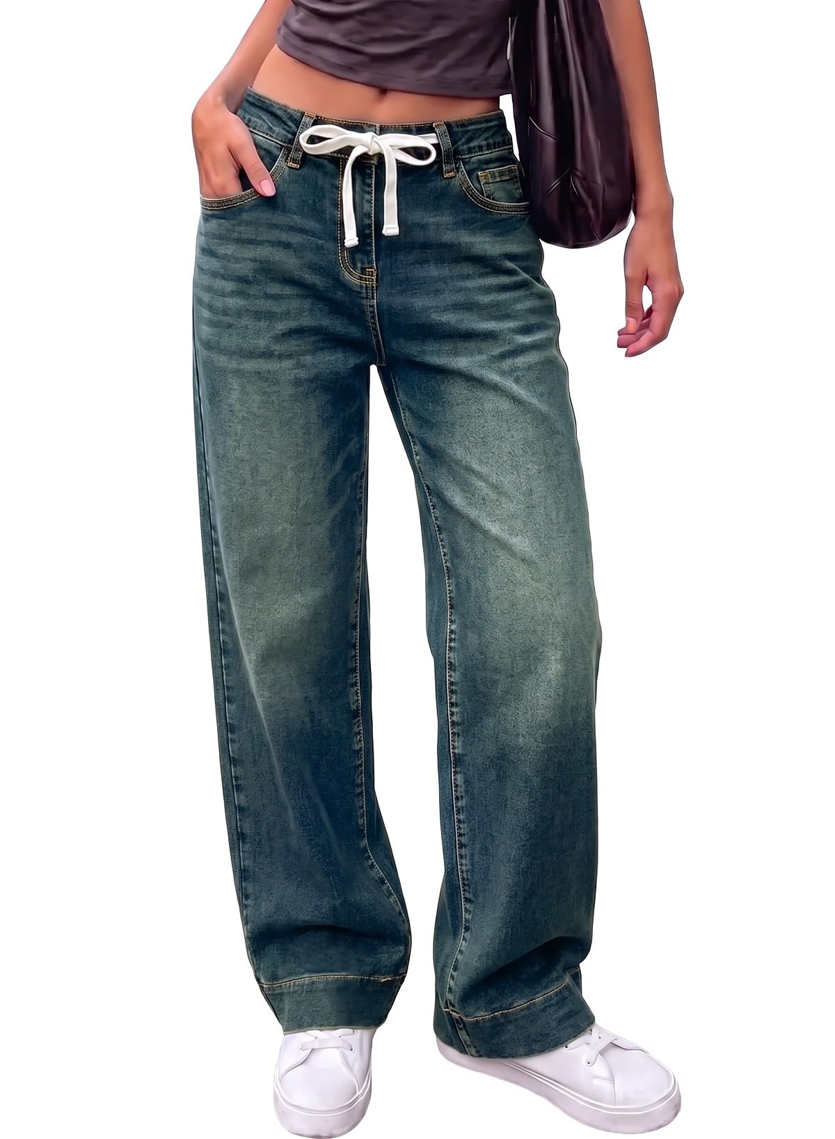 Sidefeel Women's High Waisted Straight Leg Jeans Drawstring Denim Pants