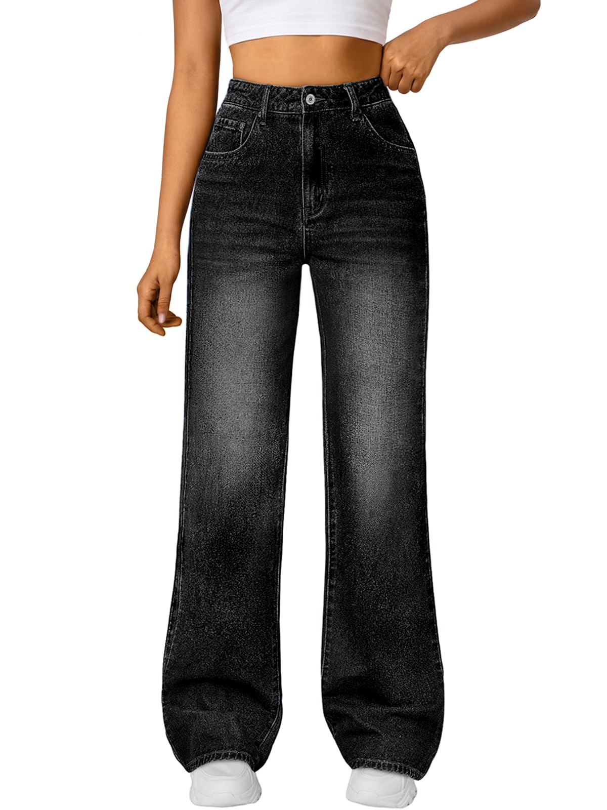 Trendy Queen Women High Waisted Straight Wide Leg Jeans Stretch Baggy Pants