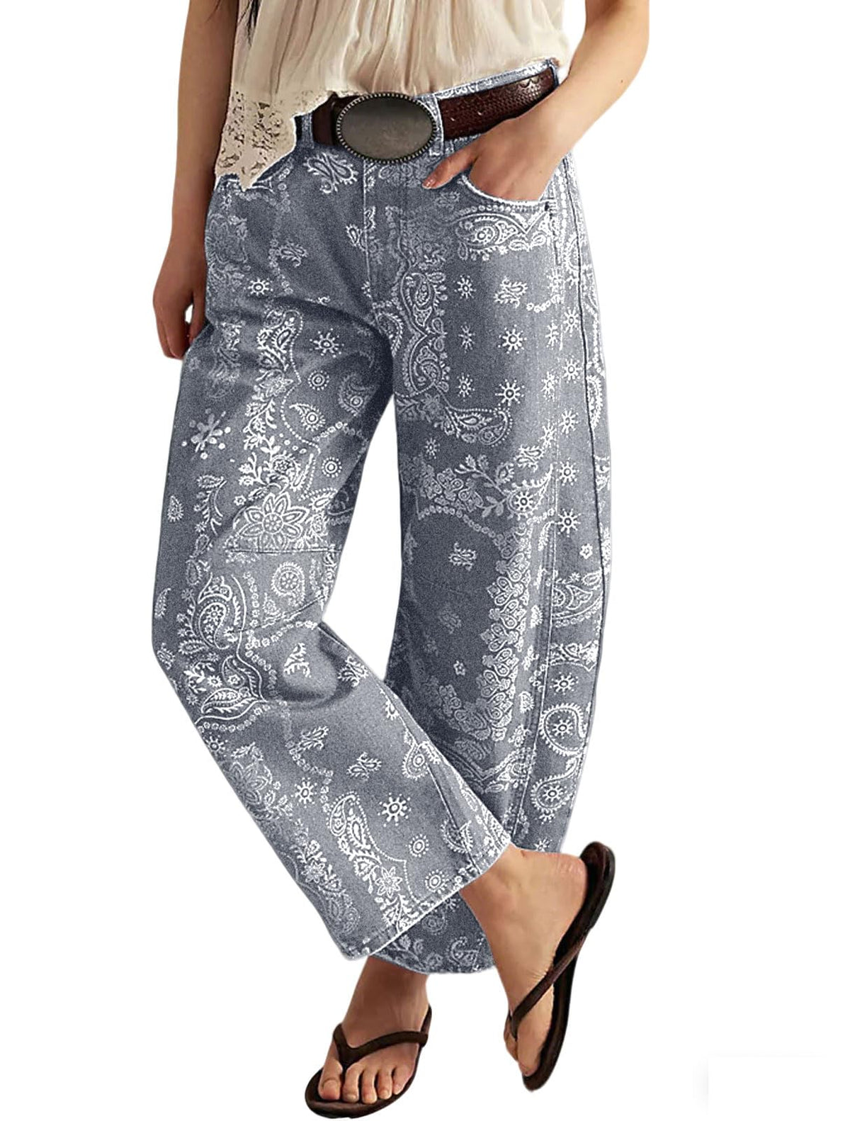 loveimgs Women Boyfriend Baggy Barrel Jeans Floral Print Denim Ankle Pants Wide Leg Mid Rise Jeans Sweatpants Y2k Patchwork