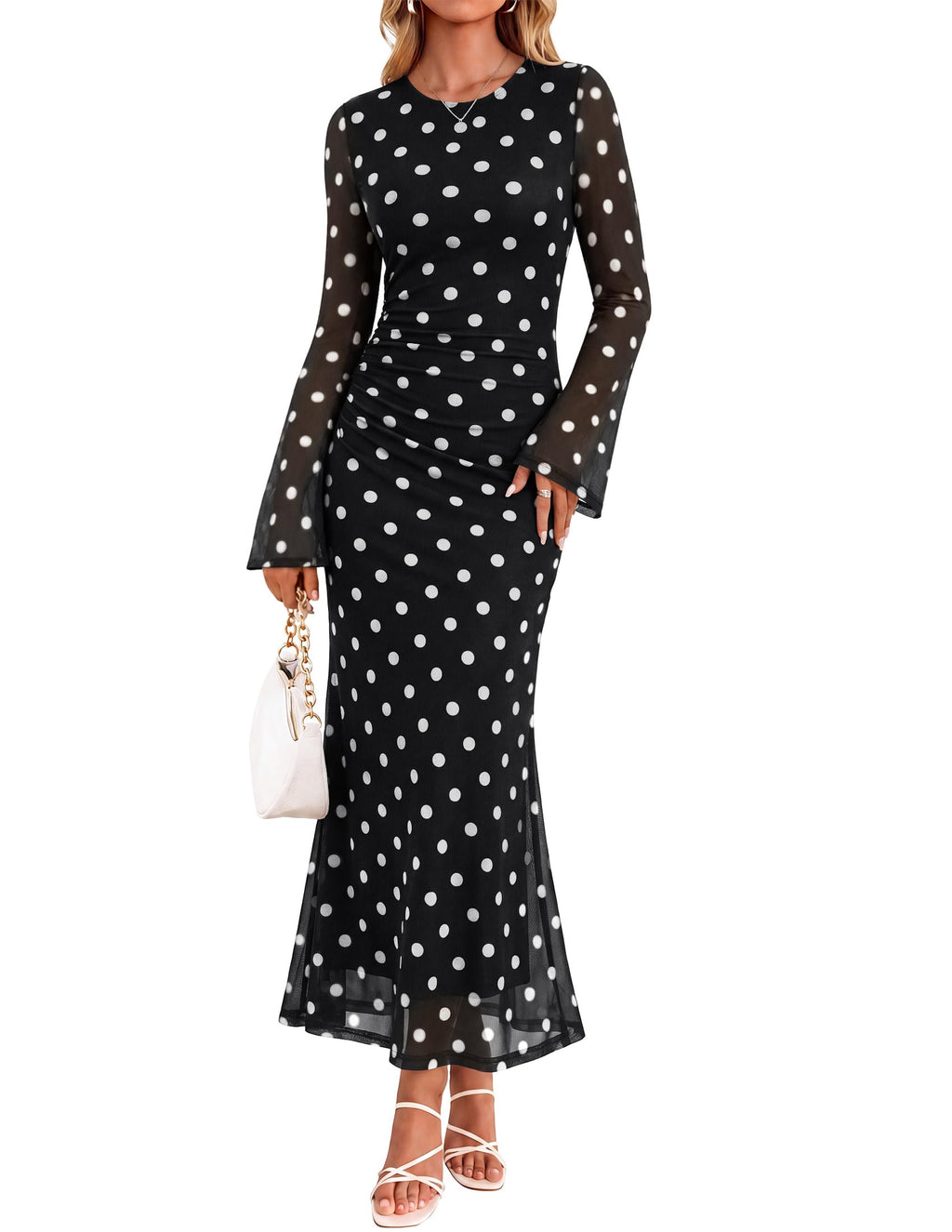 ZESICA Womens Long Sleeve Floral Fall Bodycon Ruched Mesh Maxi Formal Dress
