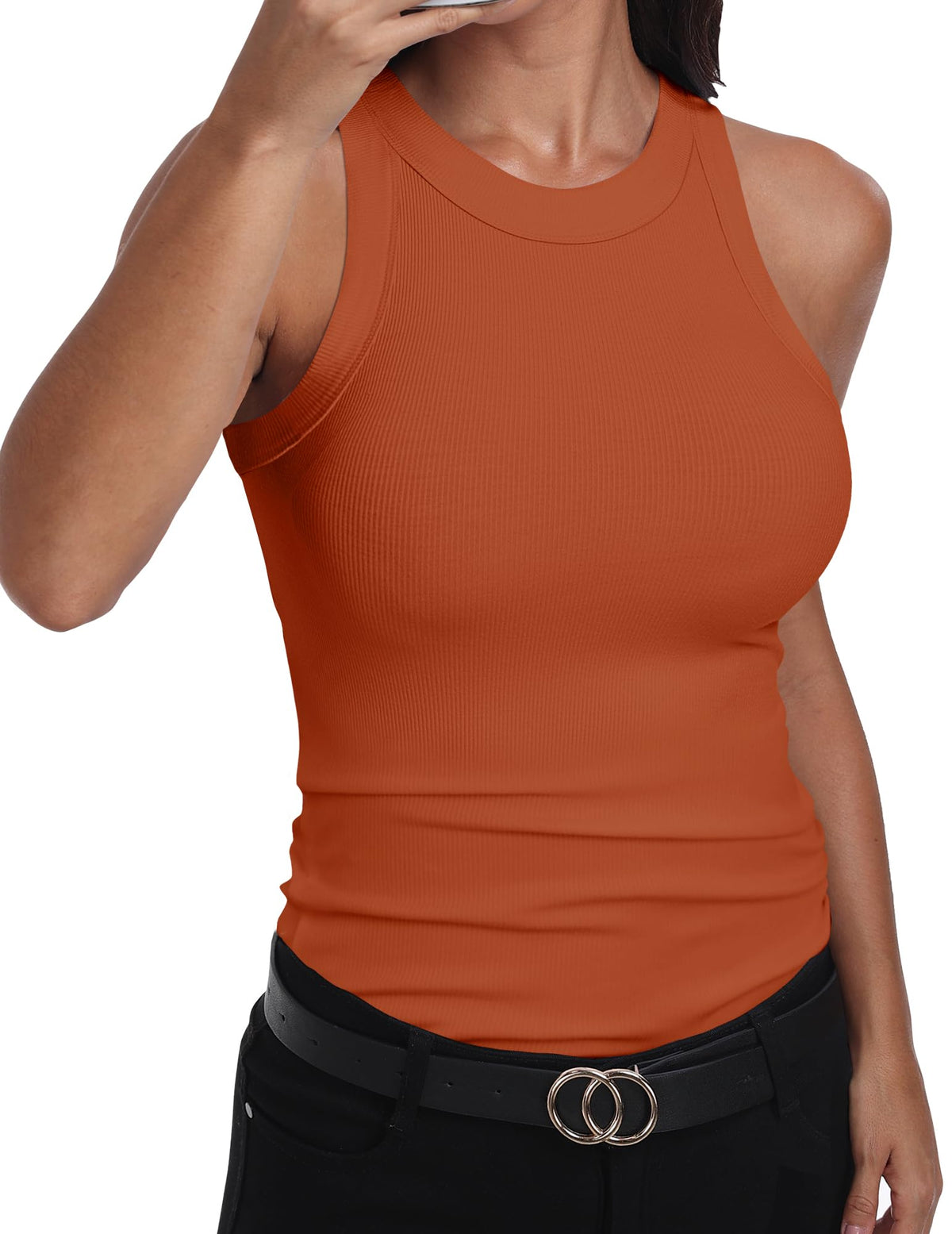 GEMBERA Womens Sleeveless Racerback High Neck Casual Basic Cotton Ribbed Fitted Tank Top