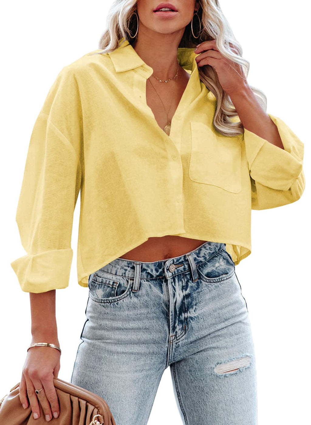 Tankaneo Womens Button Down Cropped Shirts Long Sleeve Crop Tops Blouses