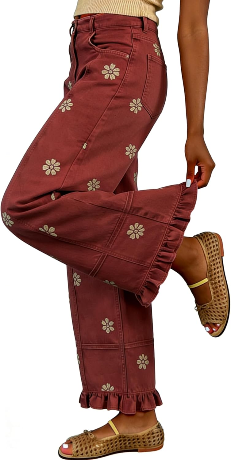 utcoco Barrel Jeans Women 2026 Floral Print Wide Leg Jeans Y2k Patchwork Baggy Boyfriend Denim Pants
