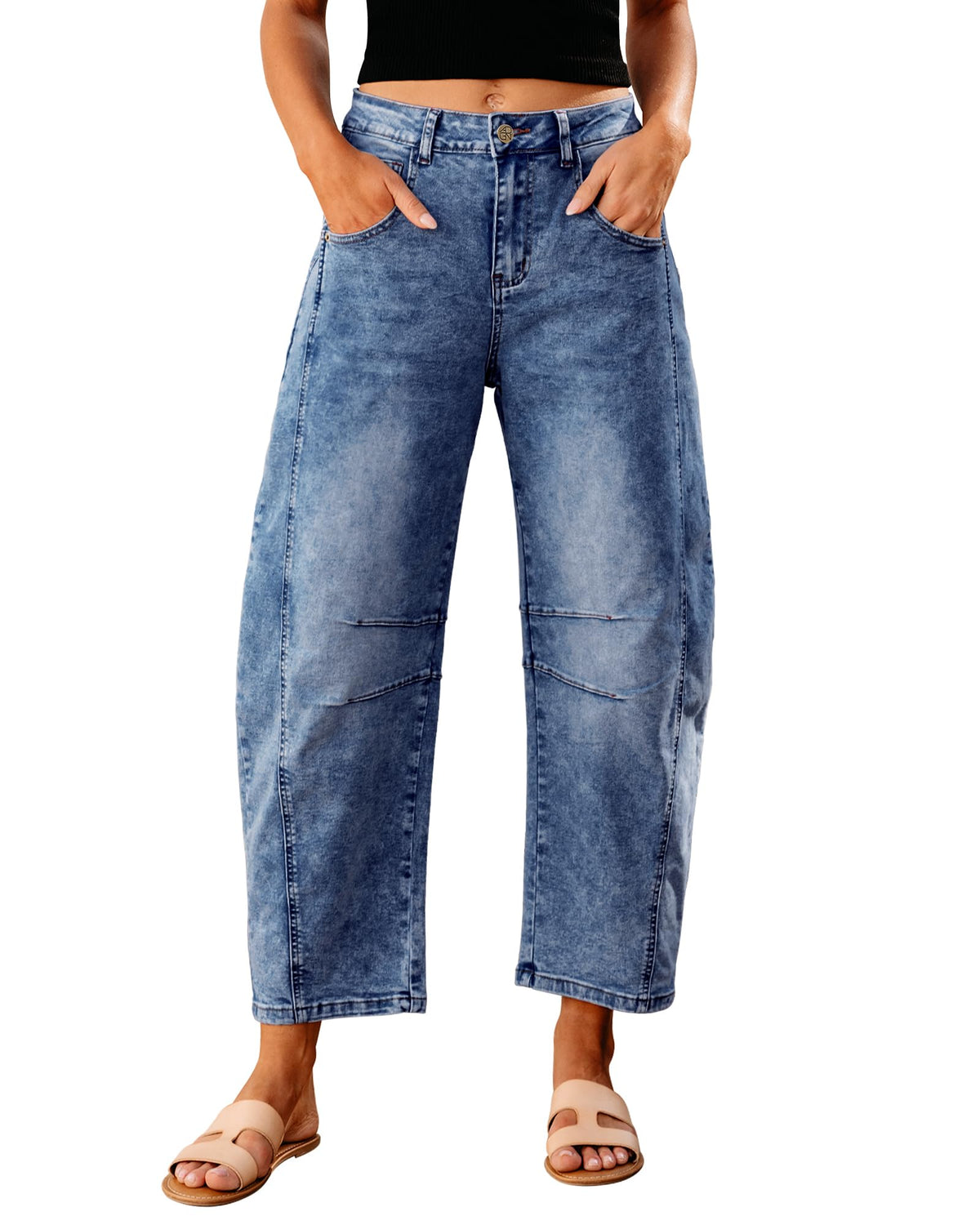GRAPENT Barrel Jeans for Women High Waist Baggy Cropped Stretch Denim Pants
