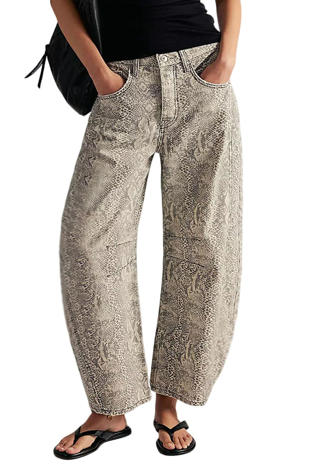 loveimgs Women Boyfriend Baggy Barrel Jeans Floral Print Denim Ankle Pants Wide Leg Mid Rise Jeans Sweatpants Y2k Patchwork