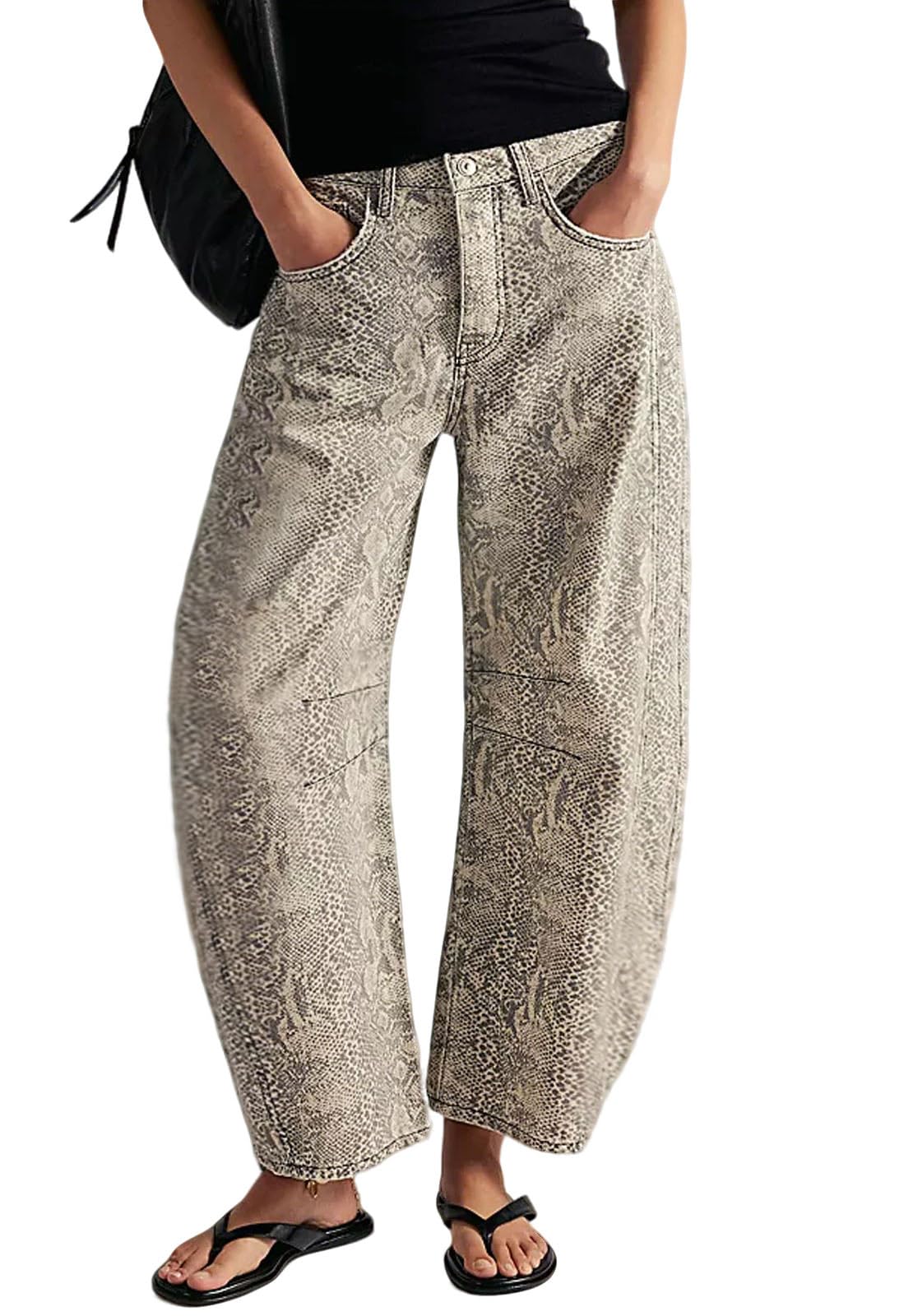 loveimgs Women Boyfriend Baggy Barrel Jeans Floral Print Denim Ankle Pants Wide Leg Mid Rise Jeans Sweatpants Y2k Patchwork