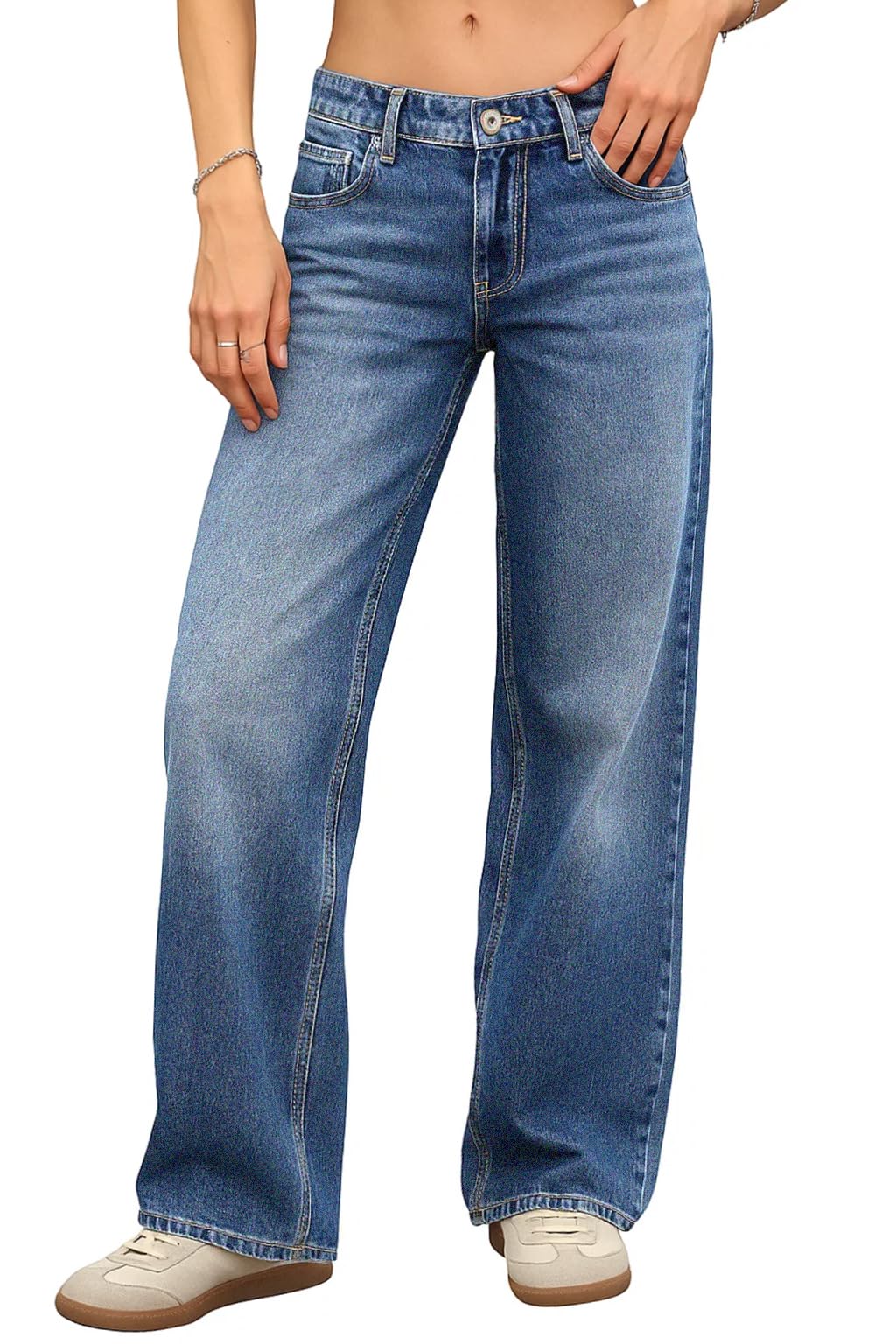 ELLEVEN Low Rise Baggy Jeans for Women, Straight Leg Denim Pants