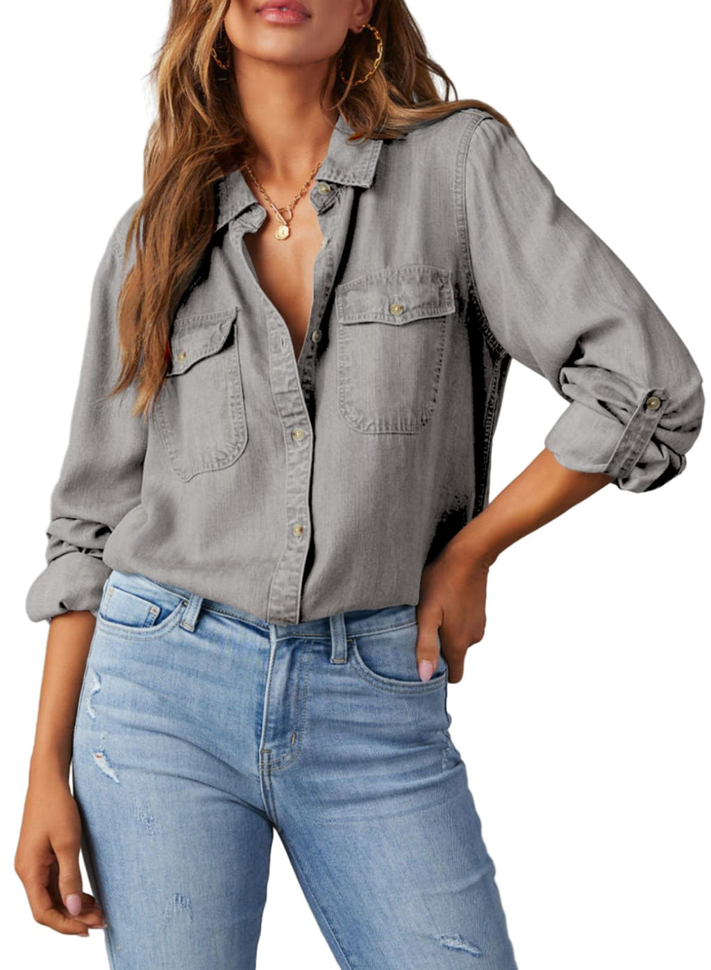 Astylish Women Denim Button Down Shirts Chambray Blouse Top