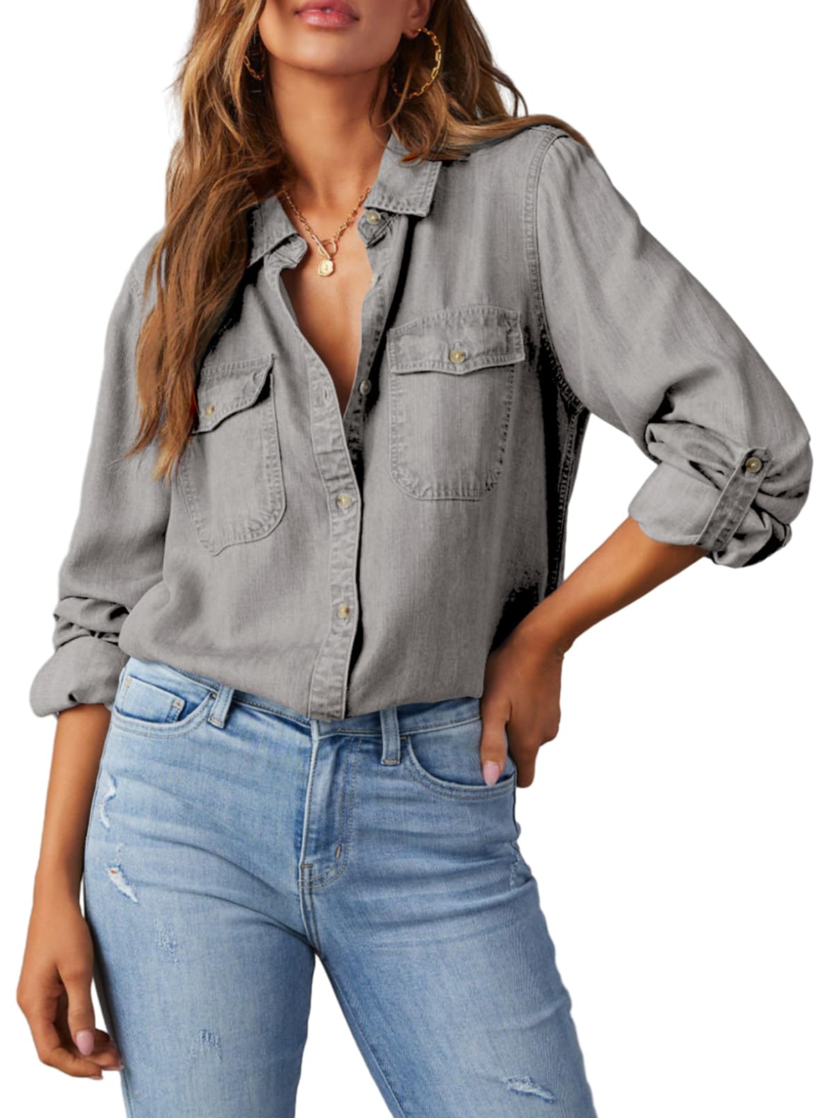Astylish Women Denim Button Down Shirts Chambray Blouse Top