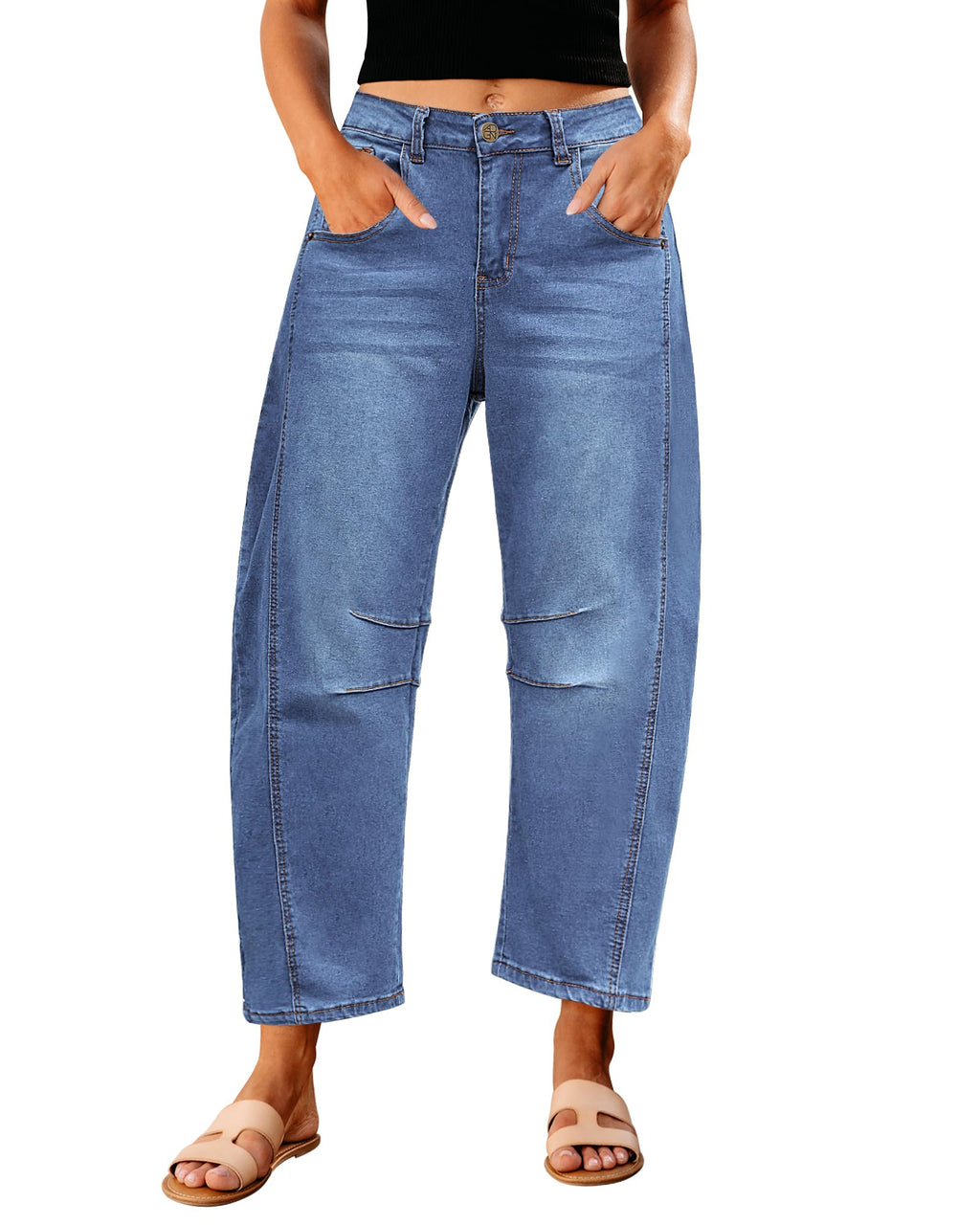GRAPENT Barrel Jeans for Women High Waist Baggy Cropped Stretch Denim Pants