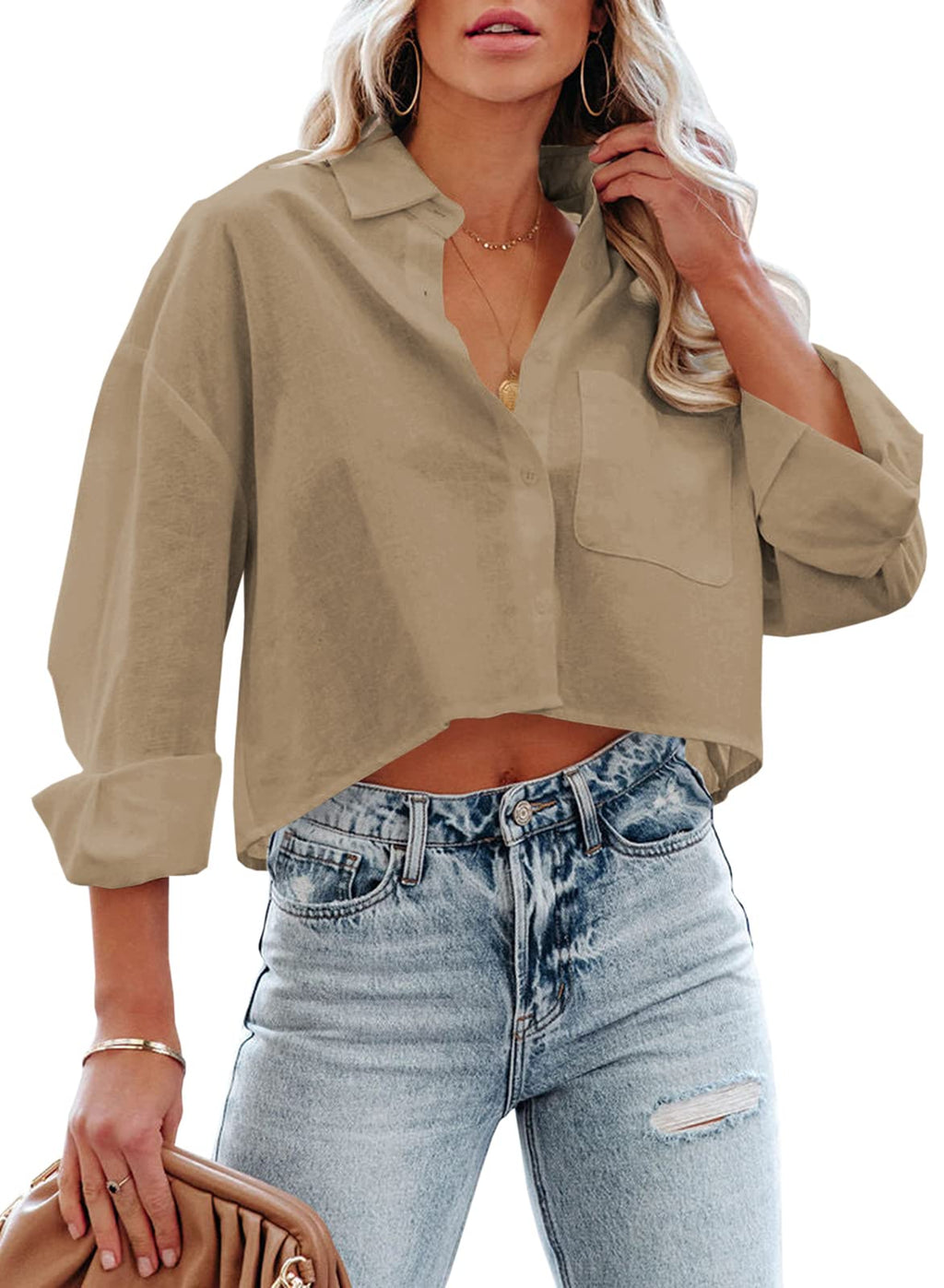 Tankaneo Womens Button Down Cropped Shirts Long Sleeve Crop Tops Blouses