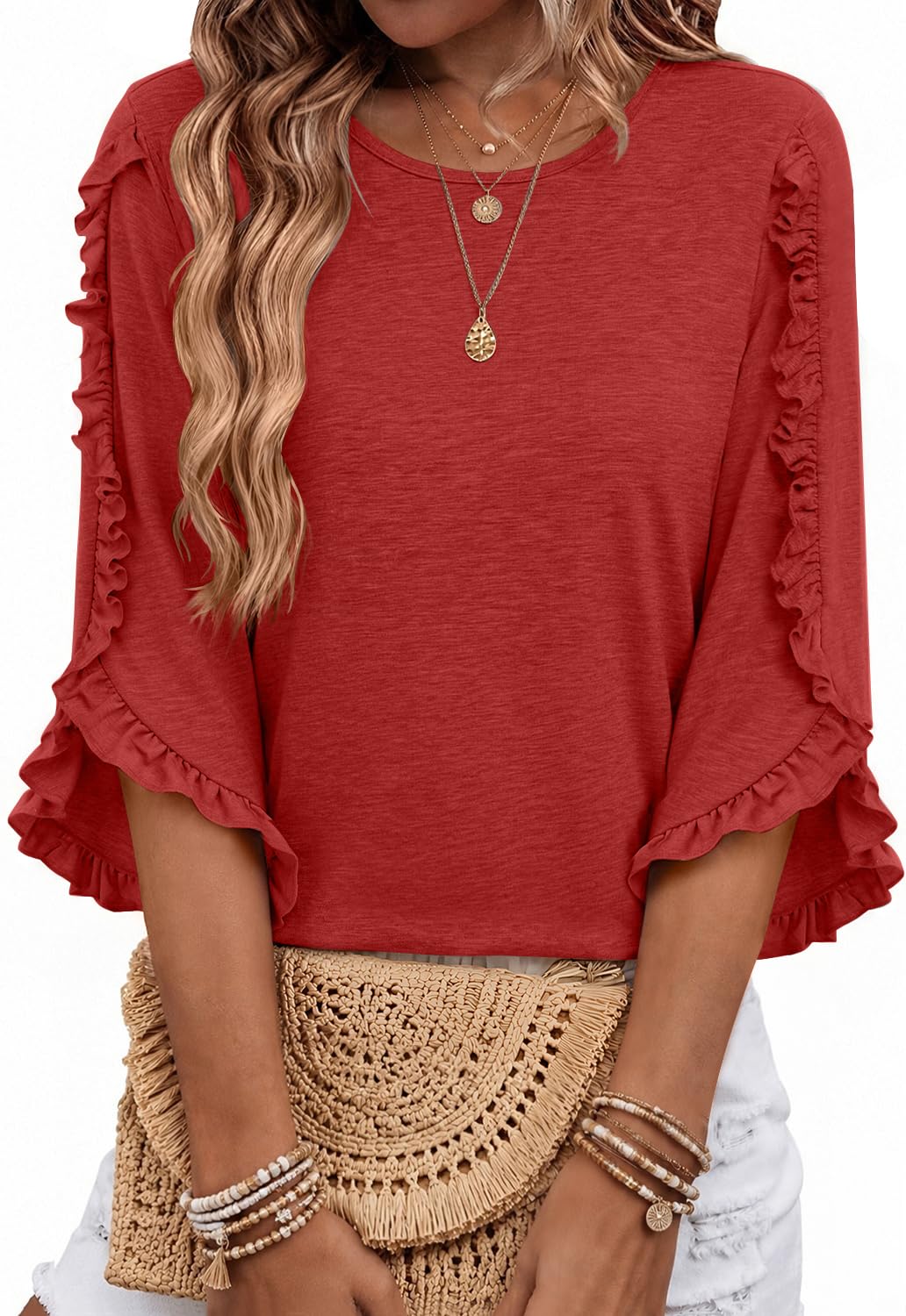 3/4 Length Sleeve Womens Tops Crewneck Ruffle Sleeve Shirts Dressy Casual Blouse Summer Fall Fashion Business Outfit