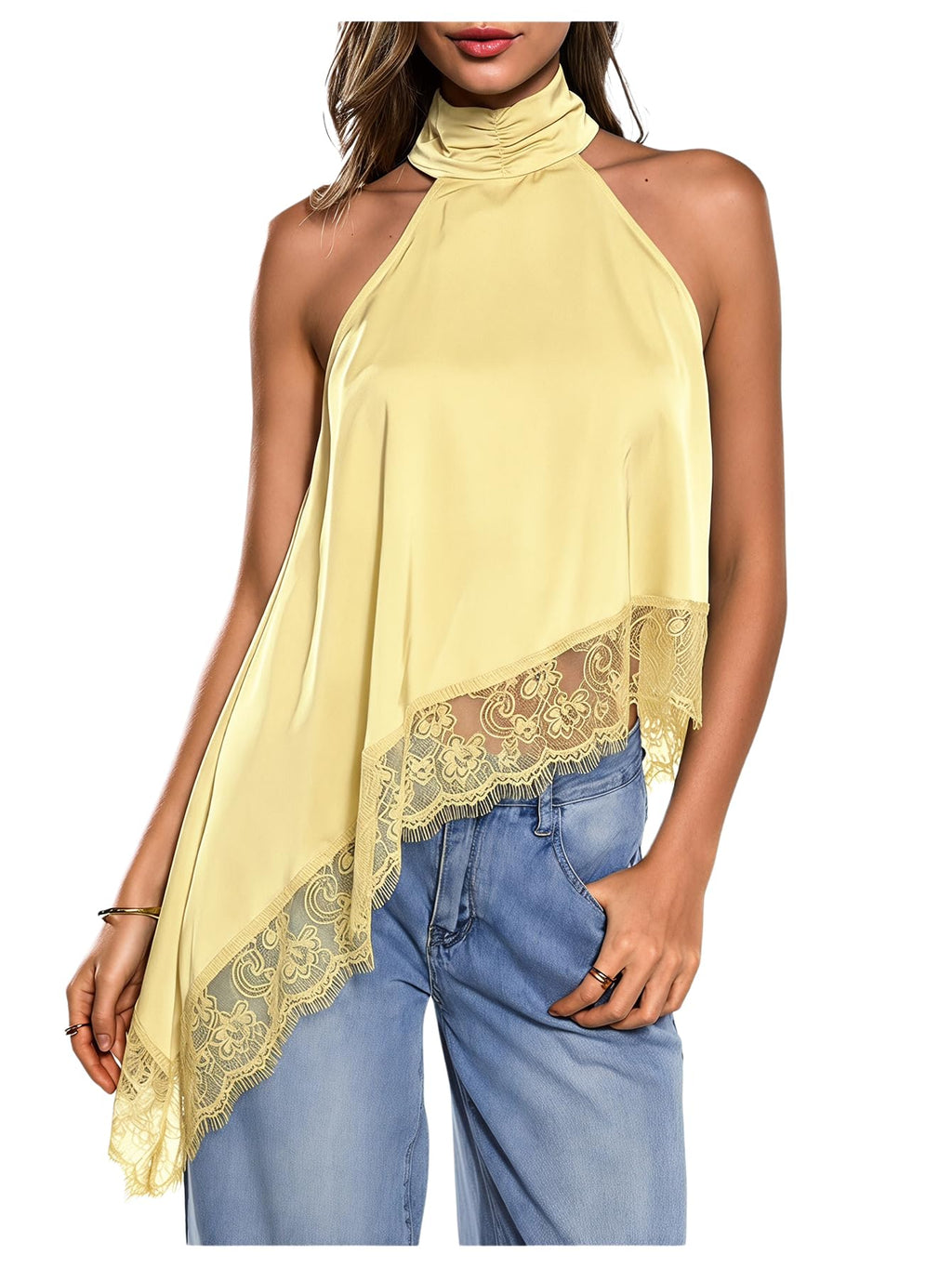 Milumia Women's Halter Neck Top Lace Asymmetrical Hem Going Out Tank Tops