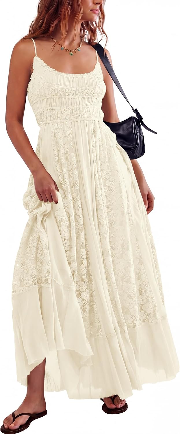 Gacaky Summer Dress for Women Casual Lace Floral Embroidered Bohemian Maxi Dress Flowy A Line Beach Long Dresses