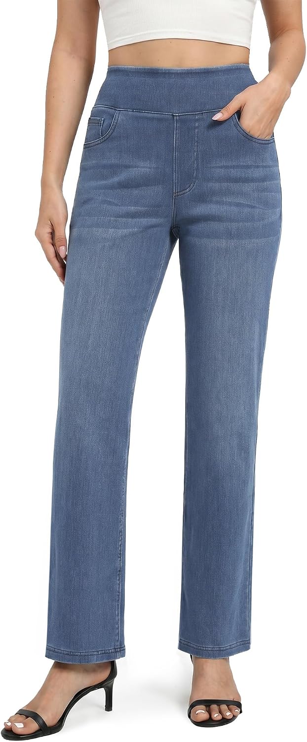 Pull on Straight Leg Jeans for Women Stretchy Sweatpant Jeans Elastic High Waist Tummy Control Trendy Denim Pants
