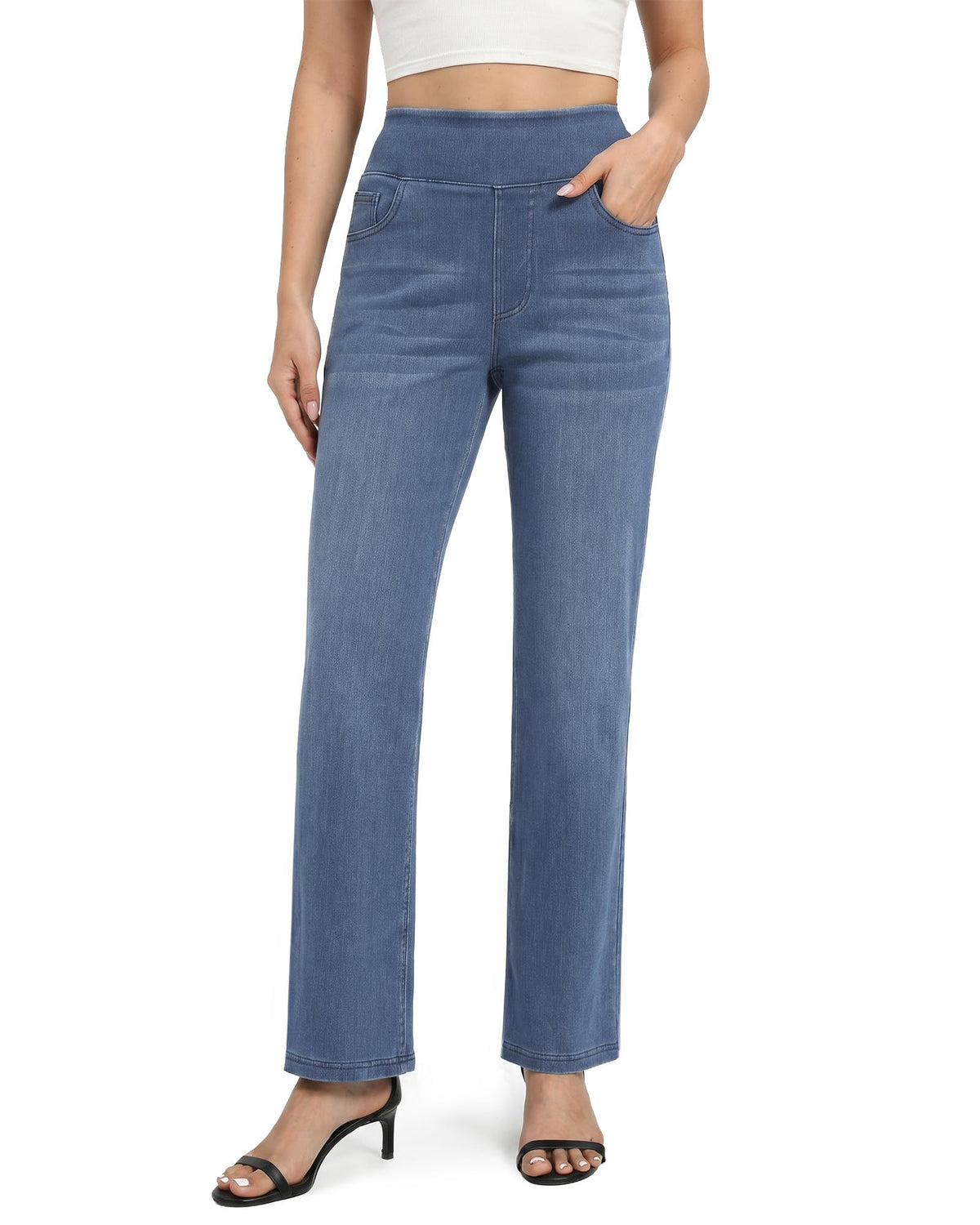 Pull on Straight Leg Jeans for Women Stretchy Sweatpant Jeans Elastic High Waist Tummy Control Trendy Denim Pants