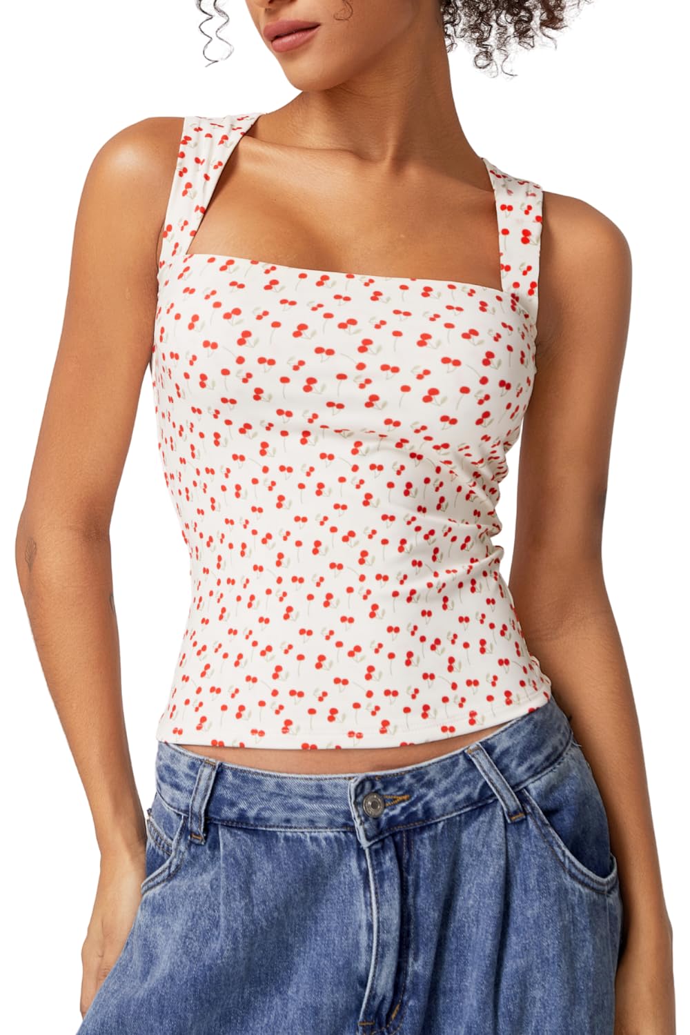 QINSEN Women's Square Neck Sleeveless Double-Layer Tank Tops Basic Tight T Shirts